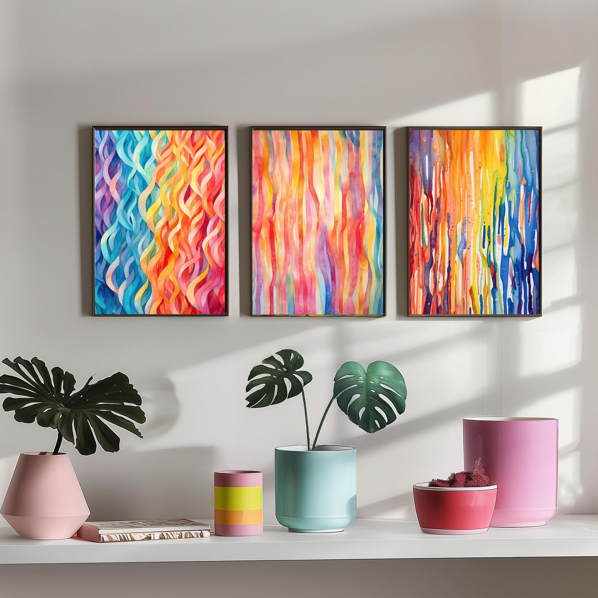 Abstract Colourful Lines Set of Three Art Prints - Rainbow Waves, Watercolour Stripes, Paint Drips - Bright Poster Painting