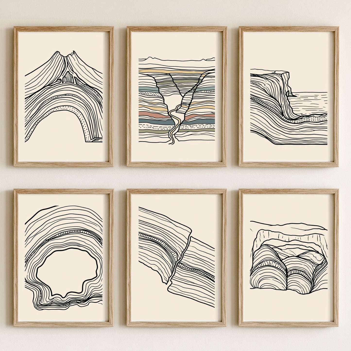 Set of Six Black and White Line Art Prints - 6 Geology Strata Landscape Posters - Volcano Canyon Cliff Cave Contour Drawing