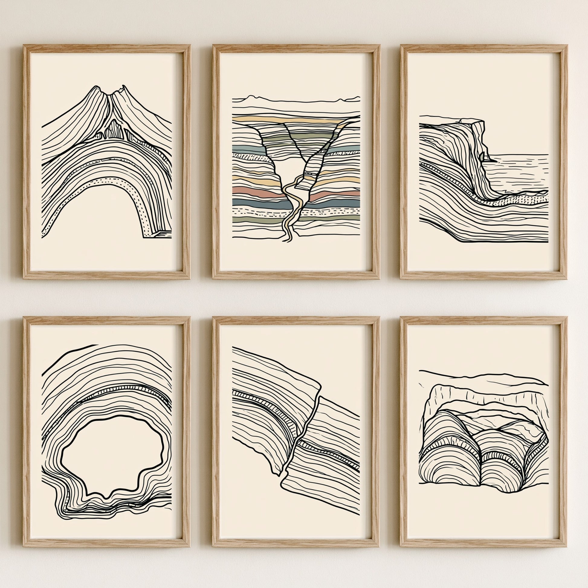 Set of Six Black and White Line Art Prints - 6 Geology Strata Landscape Posters - Volcano Canyon Cliff Cave Contour Drawing