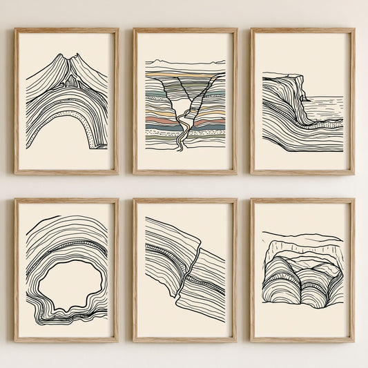Set of Six Black and White Line Art Prints - 6 Geology Strata Landscape Posters - Volcano Canyon Cliff Cave Contour Drawing