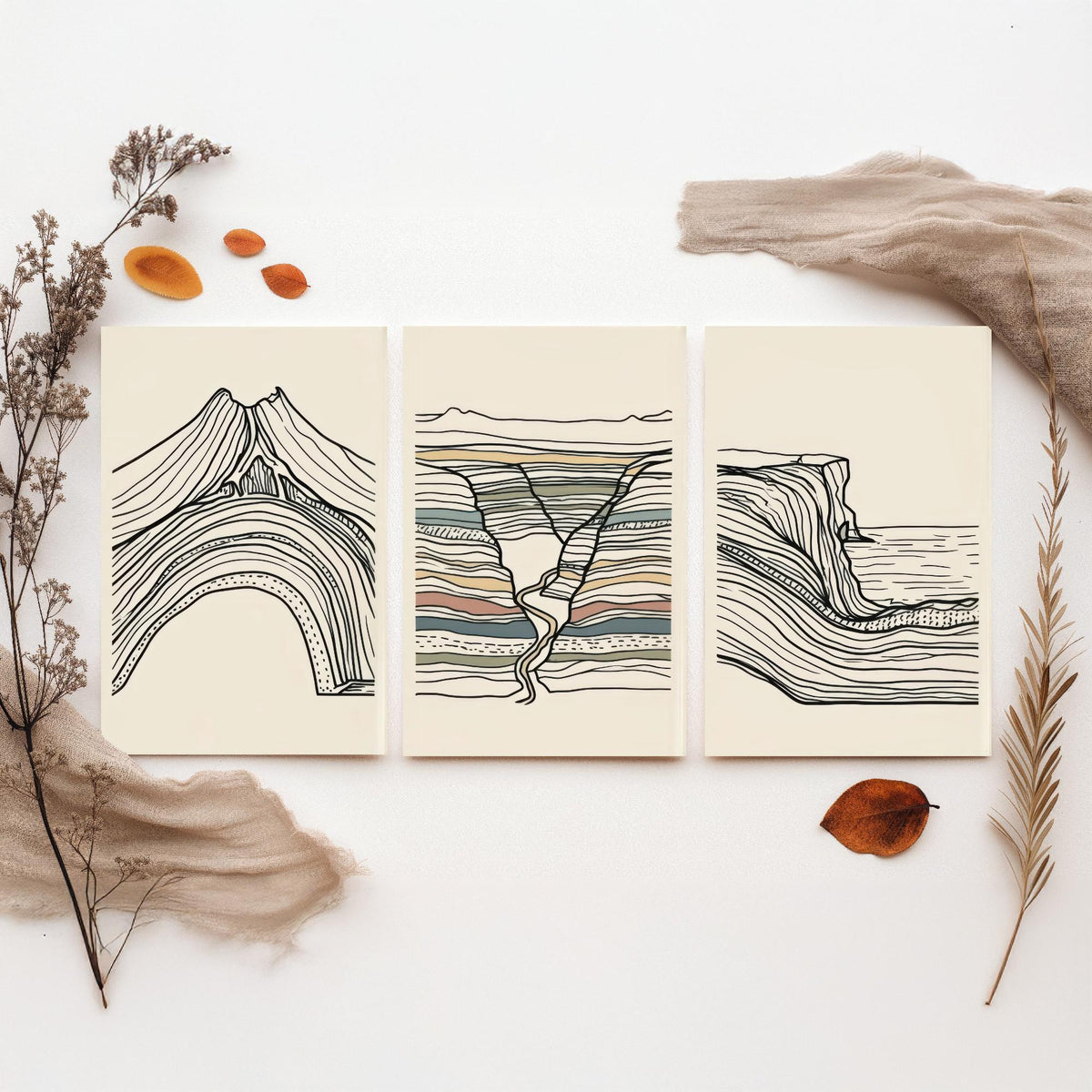 Volcano, River Gorge & Sea Cliff Set of Three Art Prints - Abstract Contour Line Art - Black White Geology Poster Illustration V1