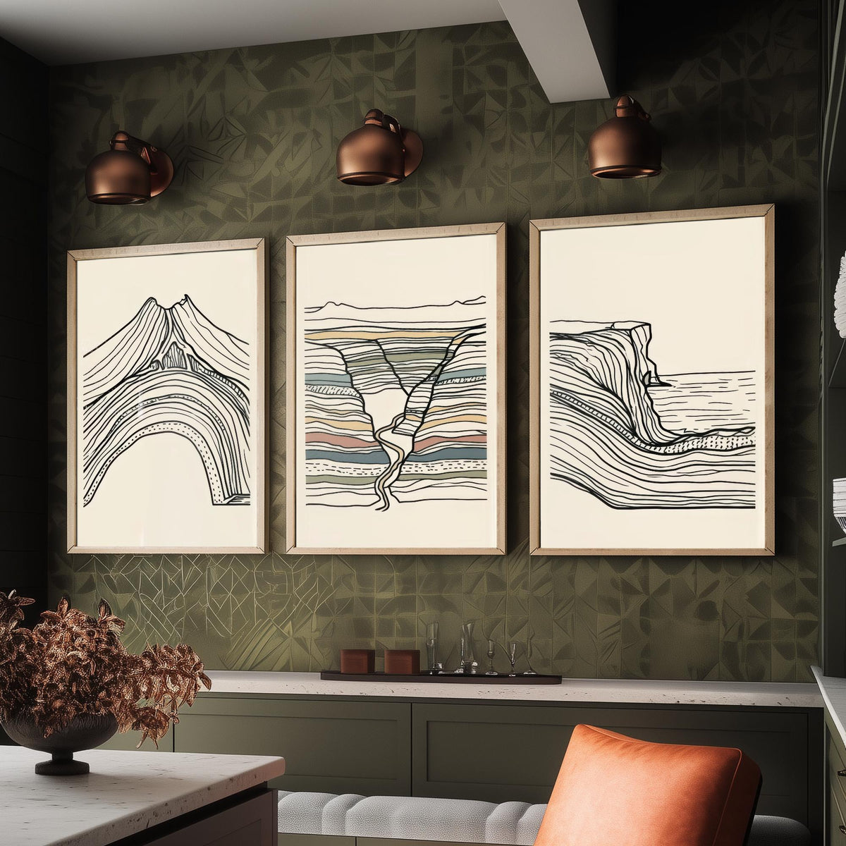 Volcano, River Gorge & Sea Cliff Set of Three Art Prints - Abstract Contour Line Art - Black White Geology Poster Illustration V1