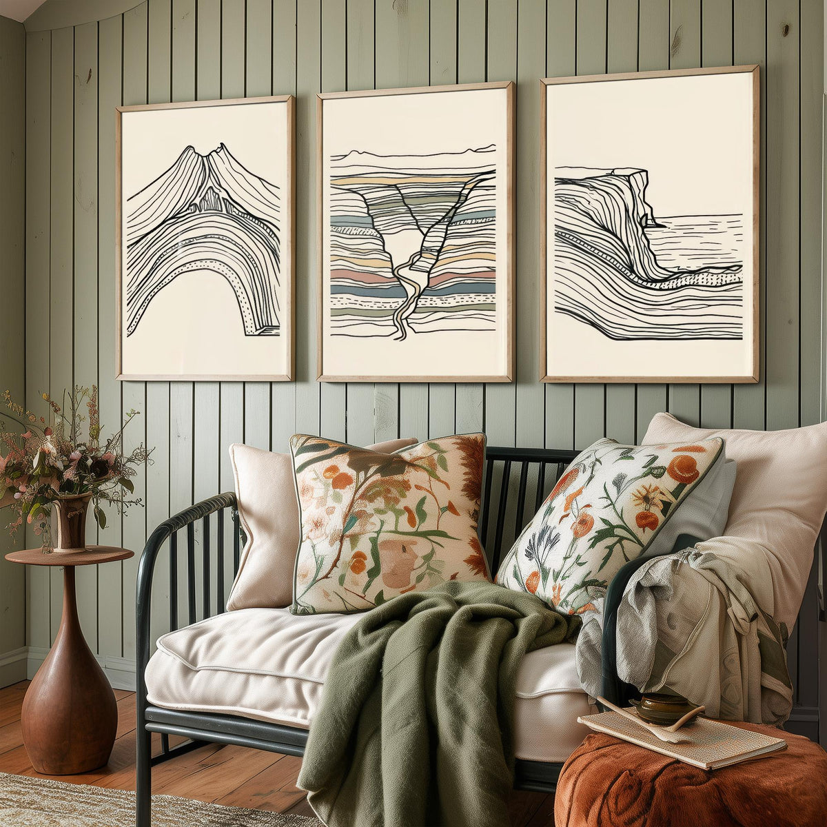 Volcano, River Gorge & Sea Cliff Set of Three Art Prints - Abstract Contour Line Art - Black White Geology Poster Illustration V1