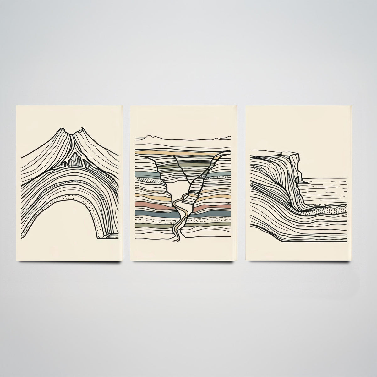 Volcano, River Gorge & Sea Cliff Set of Three Art Prints - Abstract Contour Line Art - Black White Geology Poster Illustration V1