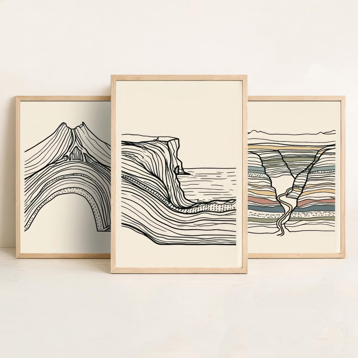 Volcano, River Gorge & Sea Cliff Set of Three Art Prints - Abstract Contour Line Art - Black White Geology Poster Illustration V1
