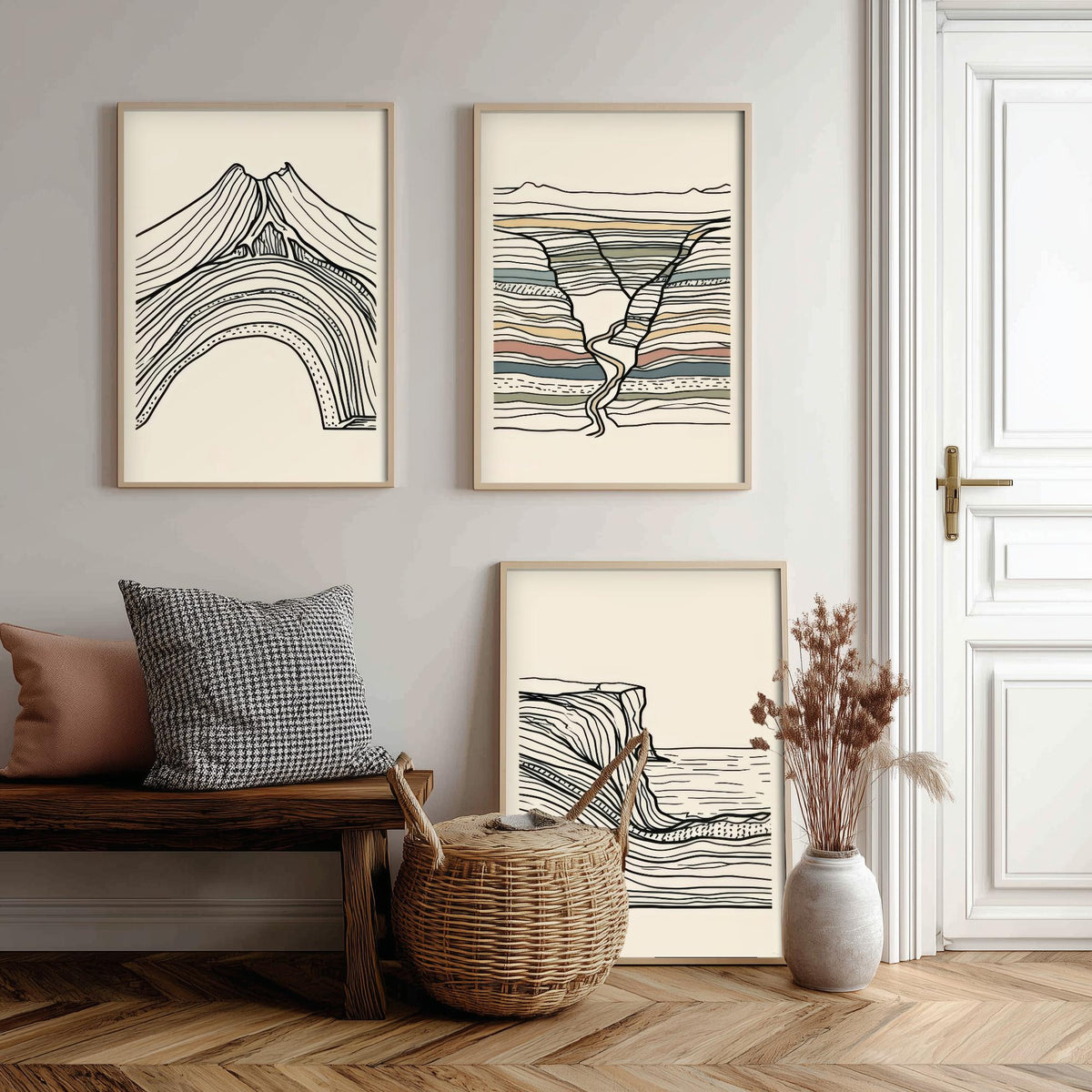 Volcano, River Gorge & Sea Cliff Set of Three Art Prints - Abstract Contour Line Art - Black White Geology Poster Illustration V1