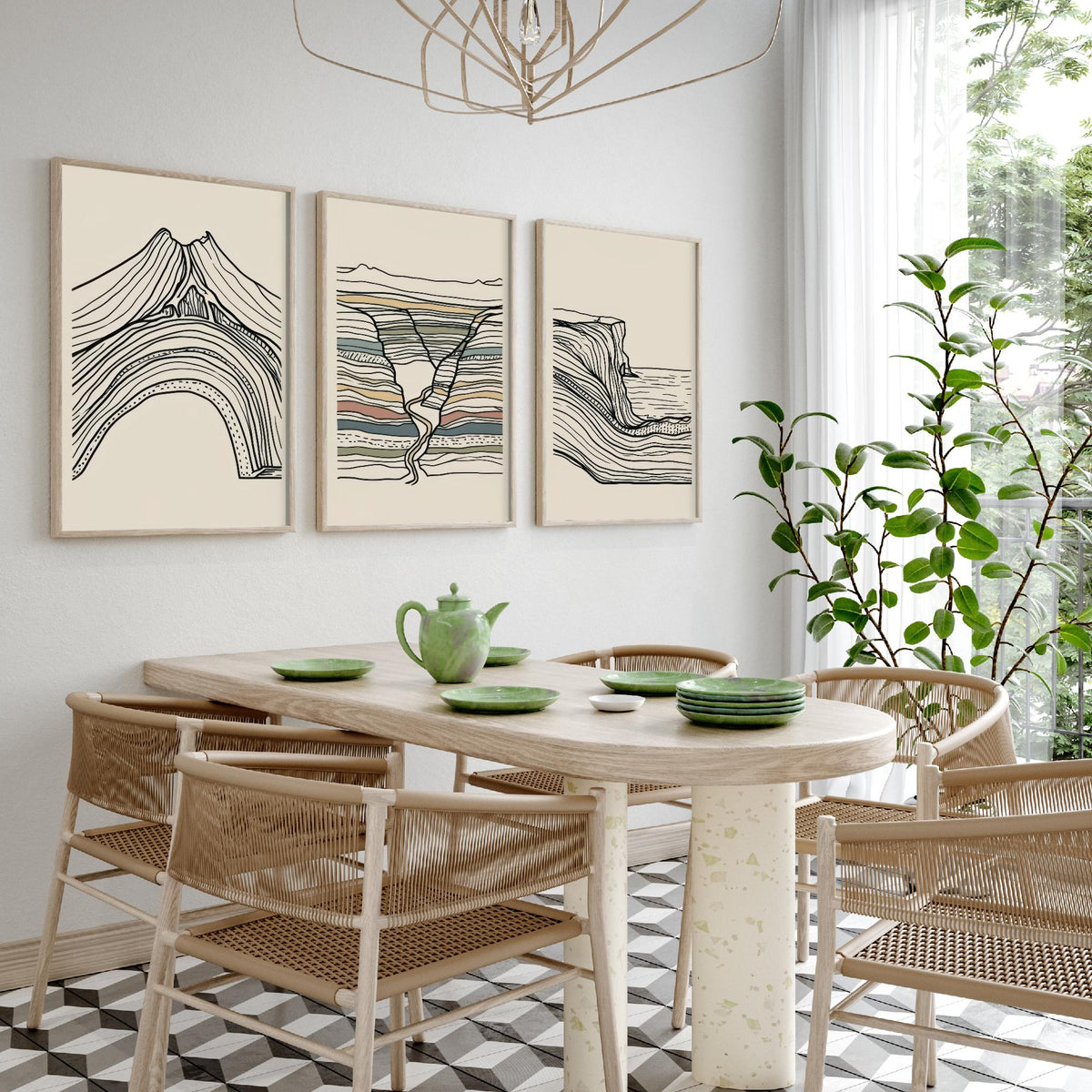 Volcano, River Gorge & Sea Cliff Set of Three Art Prints - Abstract Contour Line Art - Black White Geology Poster Illustration V1