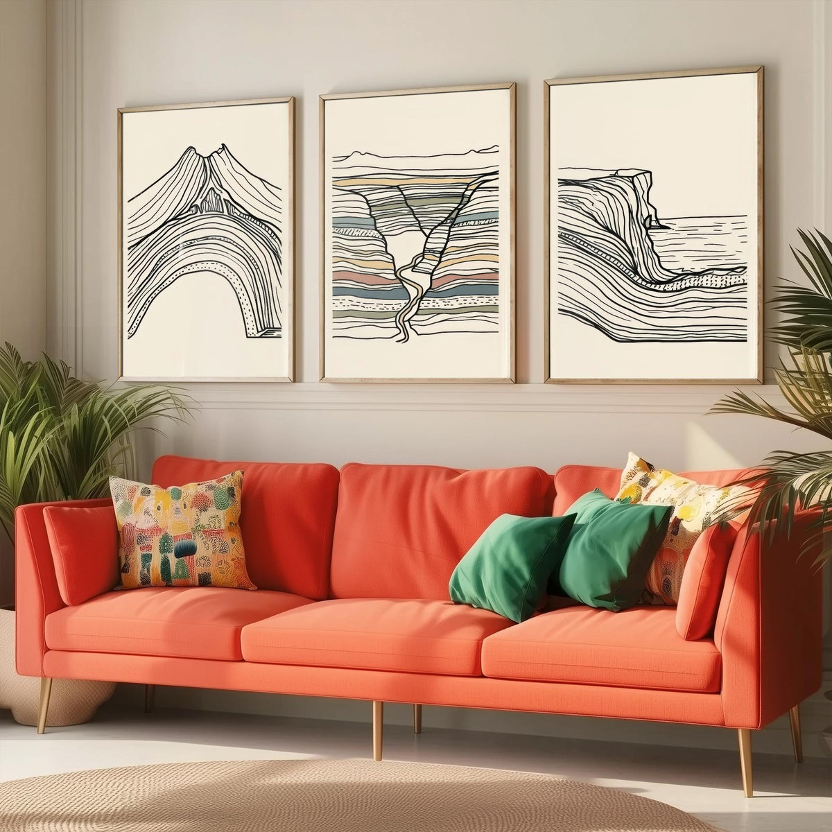 Volcano, River Gorge & Sea Cliff Set of Three Art Prints - Abstract Contour Line Art - Black White Geology Poster Illustration V1