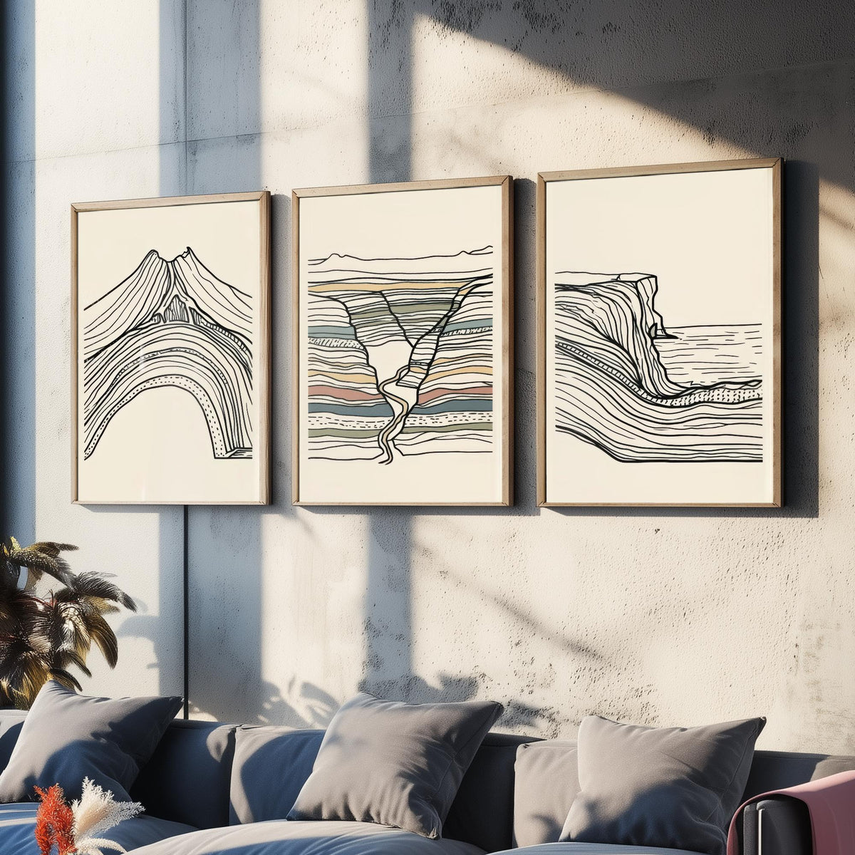 Volcano, River Gorge & Sea Cliff Set of Three Art Prints - Abstract Contour Line Art - Black White Geology Poster Illustration V1