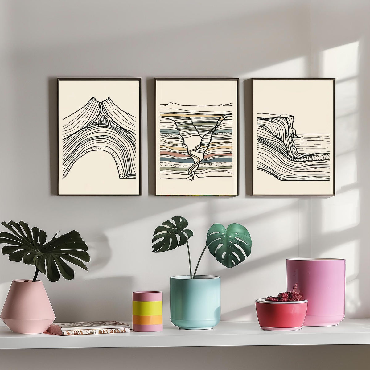 Volcano, River Gorge & Sea Cliff Set of Three Art Prints - Abstract Contour Line Art - Black White Geology Poster Illustration V1