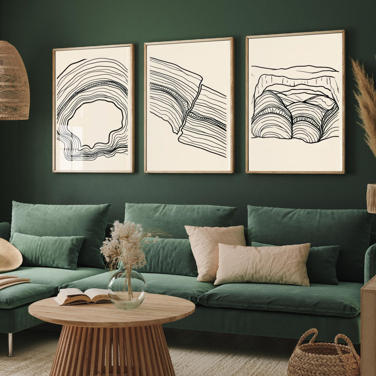 Black and White Contour Line Art Set of Three Art Prints - Fault, Hollow & Rock Shelter - Abstract Minimalist Poster Illustration V2