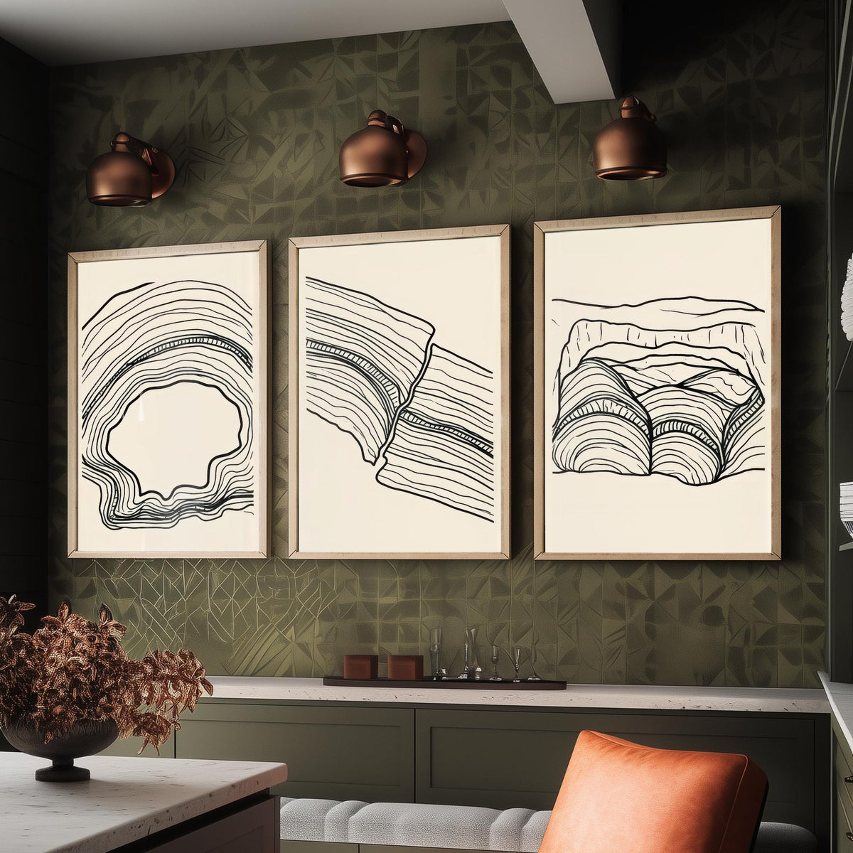 Black and White Contour Line Art Set of Three Art Prints - Fault, Hollow & Rock Shelter - Abstract Minimalist Poster Illustration V2