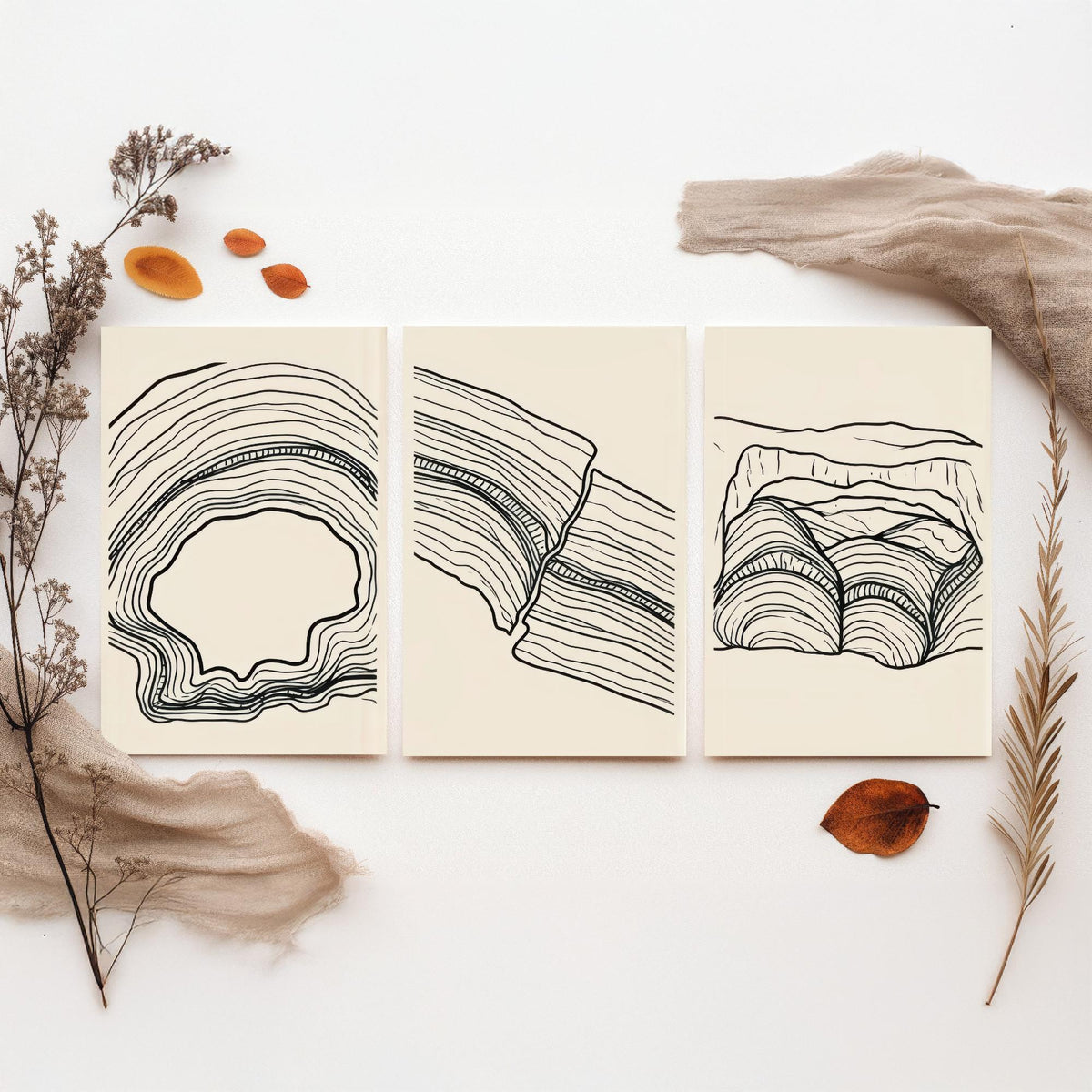 Black and White Contour Line Art Set of Three Art Prints - Fault, Hollow & Rock Shelter - Abstract Minimalist Poster Illustration V2