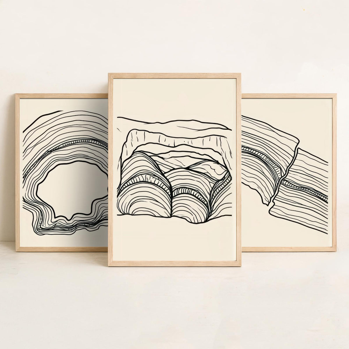 Black and White Contour Line Art Set of Three Art Prints - Fault, Hollow & Rock Shelter - Abstract Minimalist Poster Illustration V2