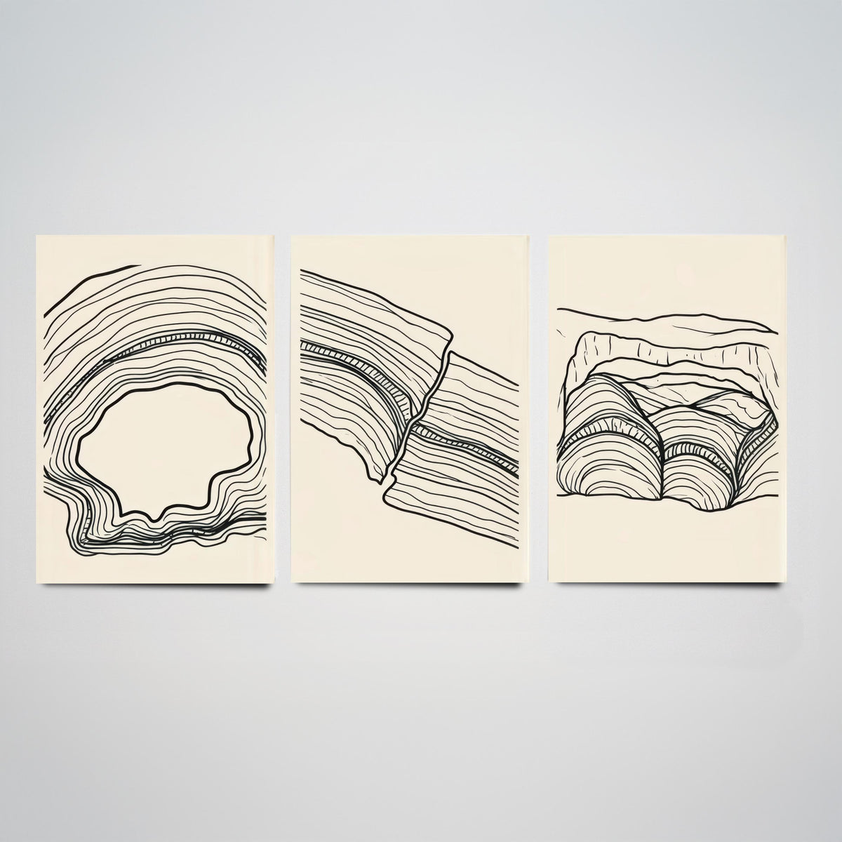 Black and White Contour Line Art Set of Three Art Prints - Fault, Hollow & Rock Shelter - Abstract Minimalist Poster Illustration V2