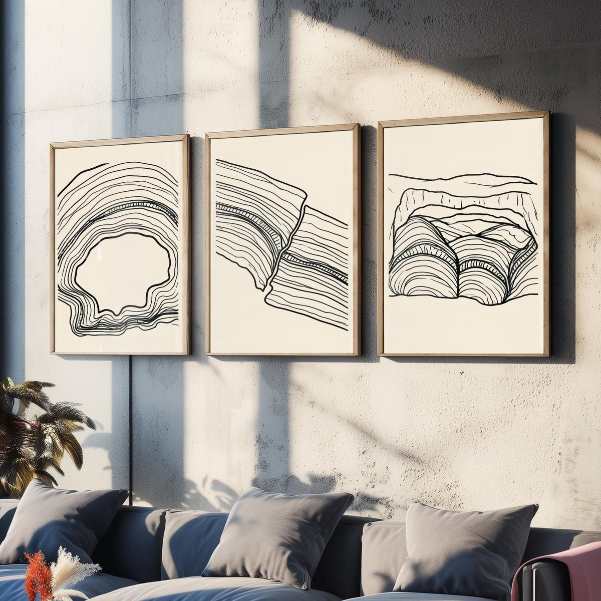 Black and White Contour Line Art Set of Three Art Prints - Fault, Hollow & Rock Shelter - Abstract Minimalist Poster Illustration V2