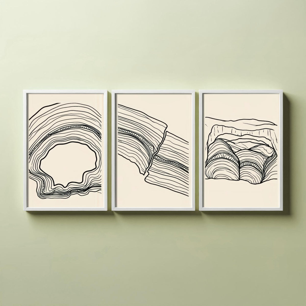Black and White Contour Line Art Set of Three Art Prints - Fault, Hollow & Rock Shelter - Abstract Minimalist Poster Illustration V2