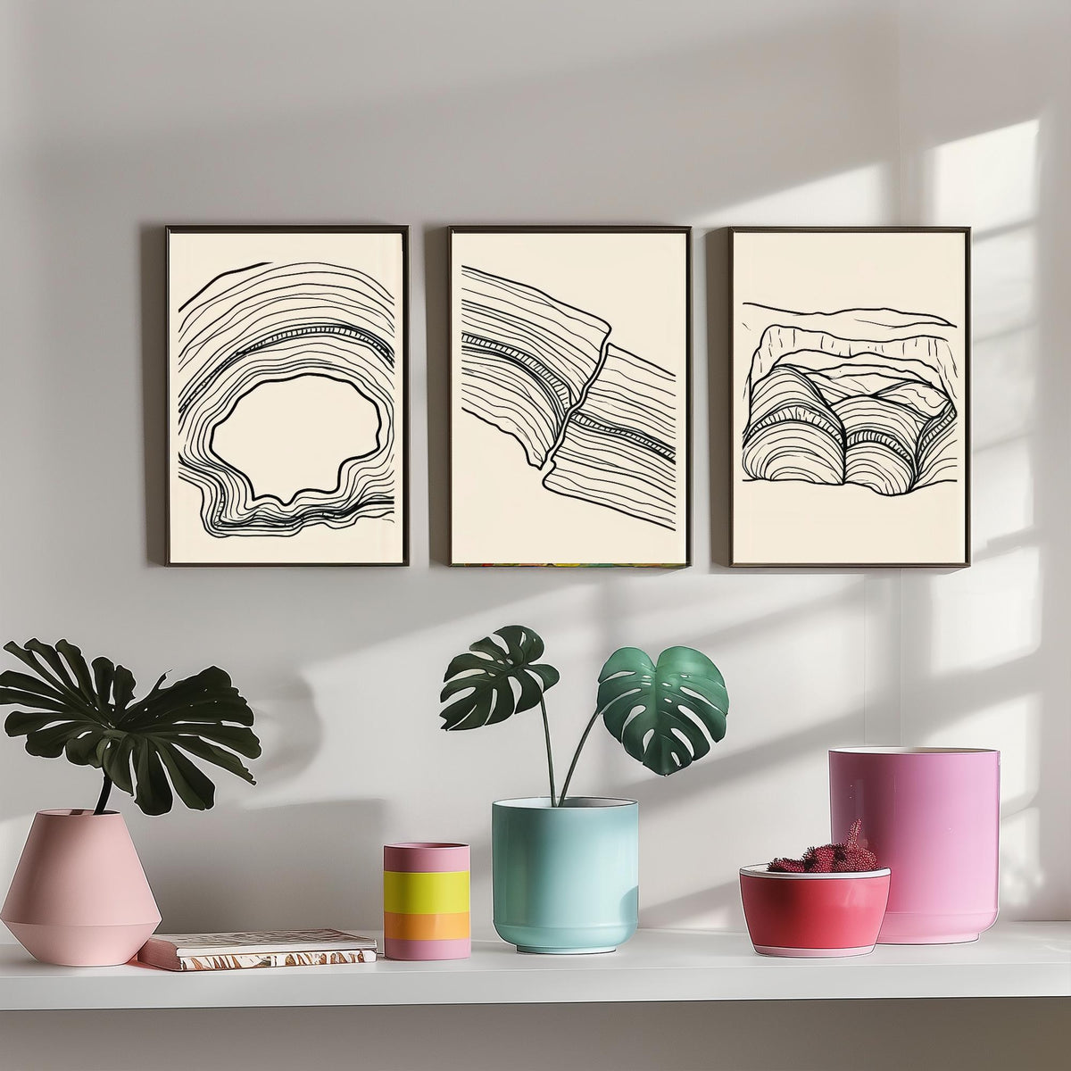 Black and White Contour Line Art Set of Three Art Prints - Fault, Hollow & Rock Shelter - Abstract Minimalist Poster Illustration V2