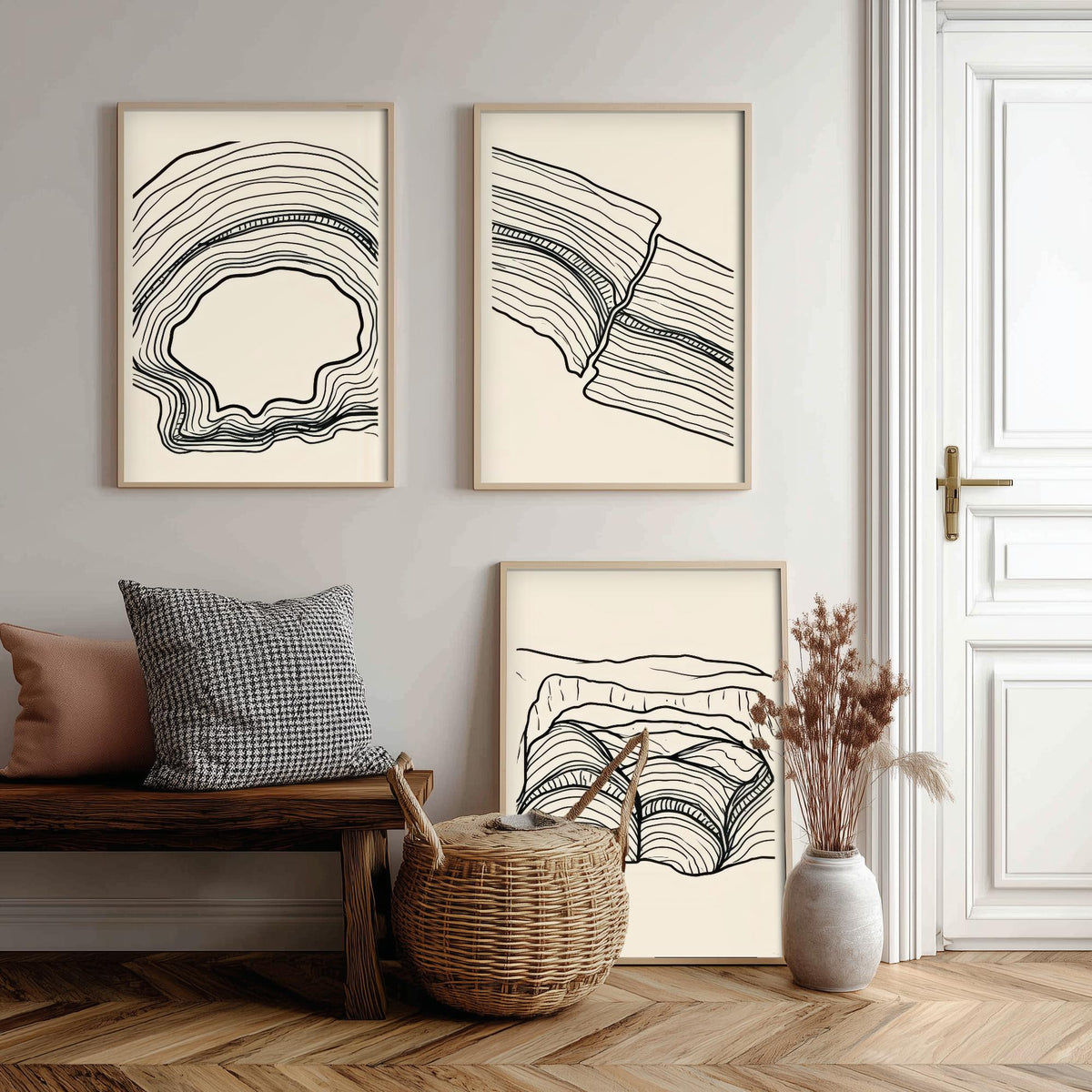 Black and White Contour Line Art Set of Three Art Prints - Fault, Hollow & Rock Shelter - Abstract Minimalist Poster Illustration V2