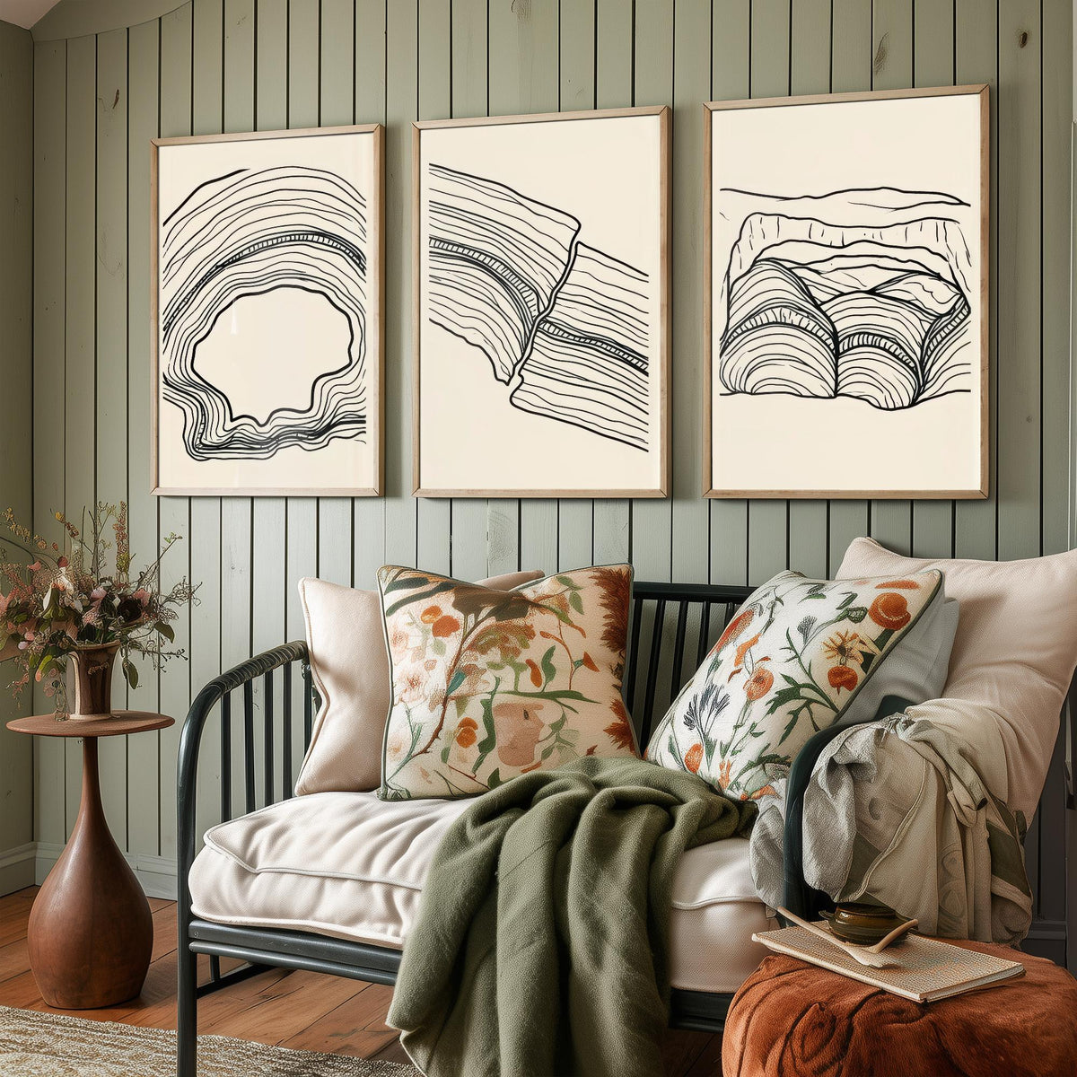 Black and White Contour Line Art Set of Three Art Prints - Fault, Hollow & Rock Shelter - Abstract Minimalist Poster Illustration V2