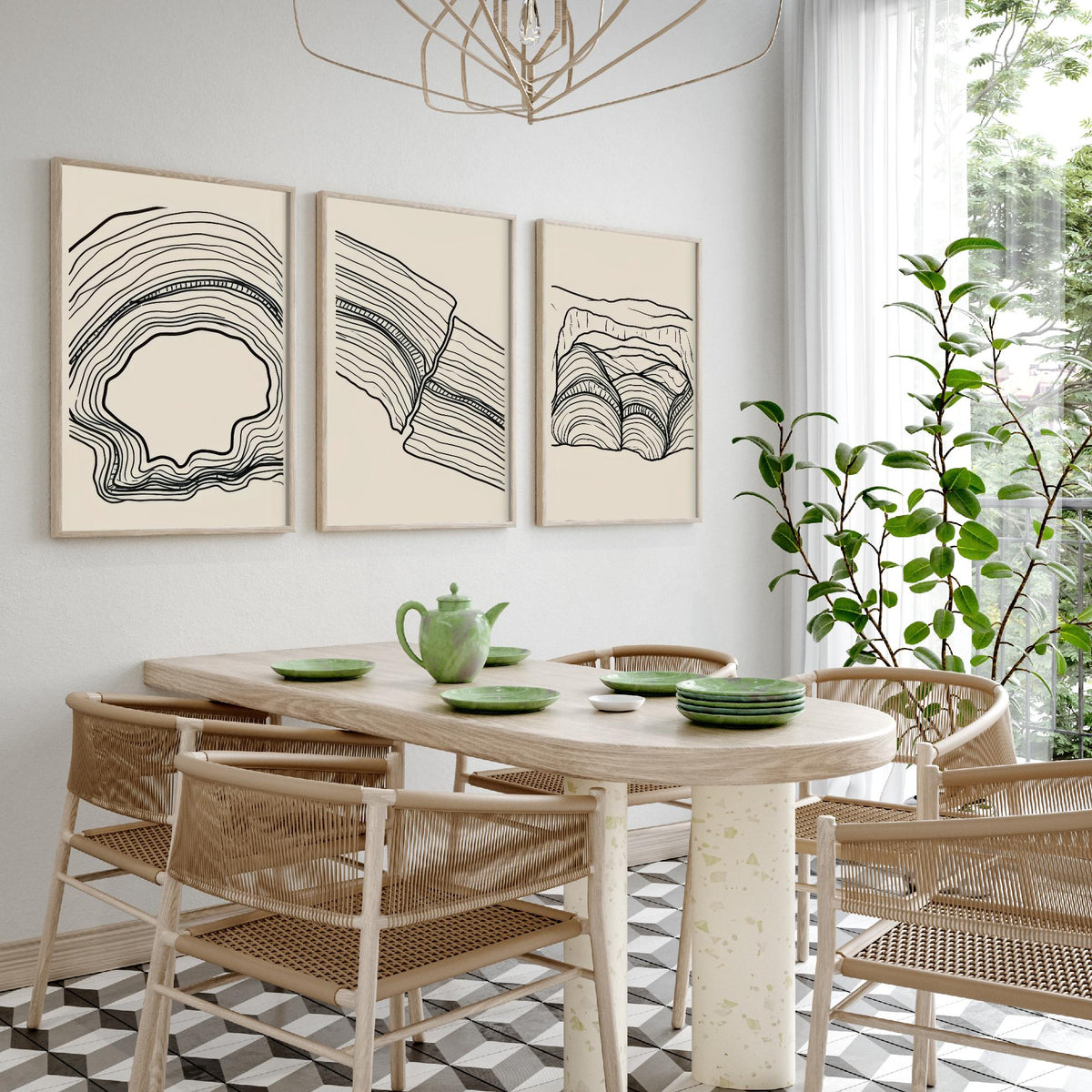 Black and White Contour Line Art Set of Three Art Prints - Fault, Hollow & Rock Shelter - Abstract Minimalist Poster Illustration V2