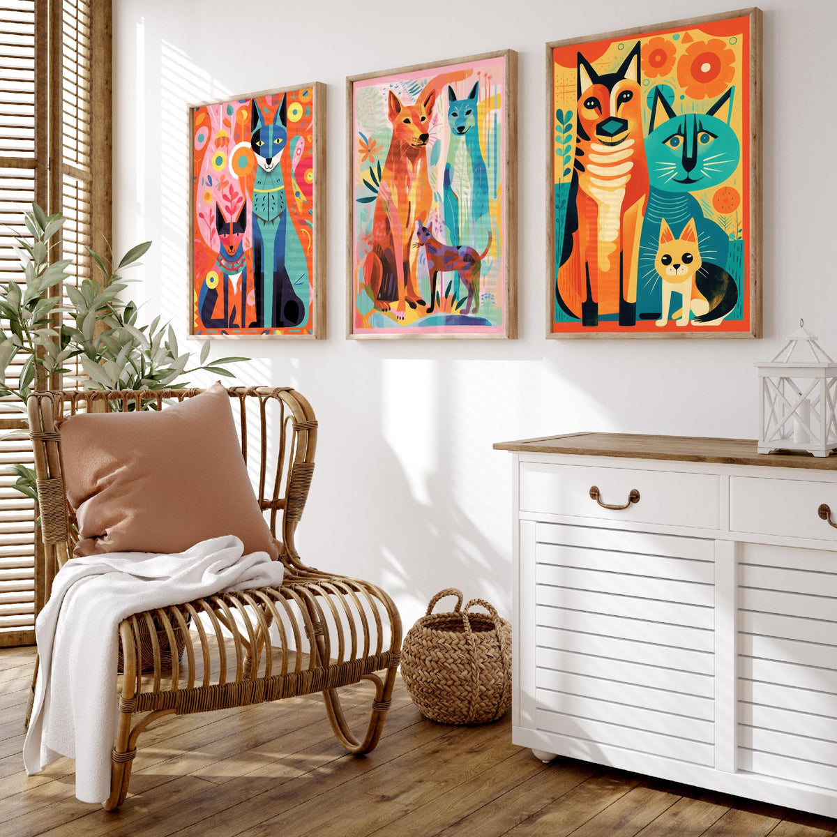 Abstract Dog and Cat Set of Three Art Prints - Folk Art Cats and Dogs - Colourful Pet Poster Illustration