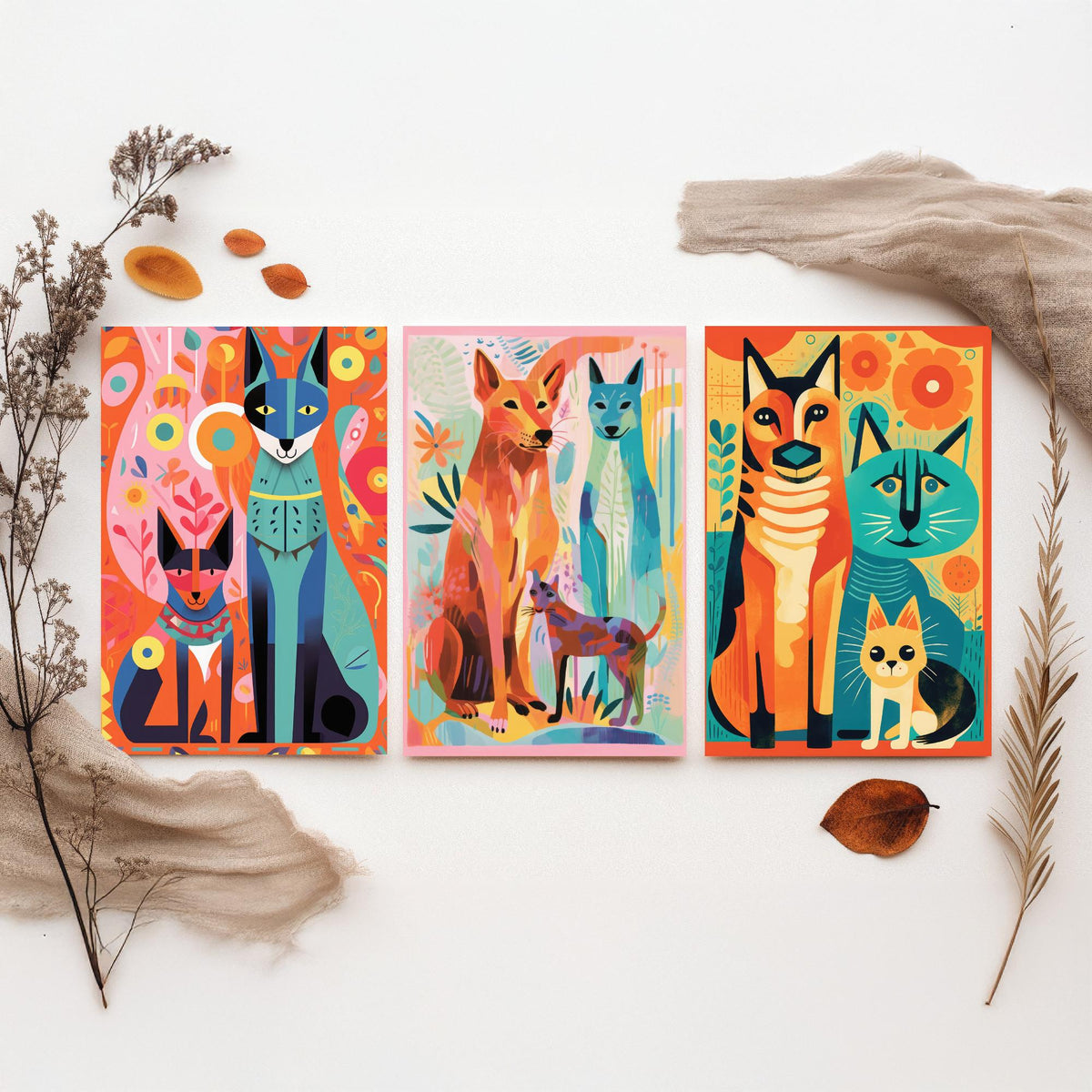 Abstract Dog and Cat Set of Three Art Prints - Folk Art Cats and Dogs - Colourful Pet Poster Illustration