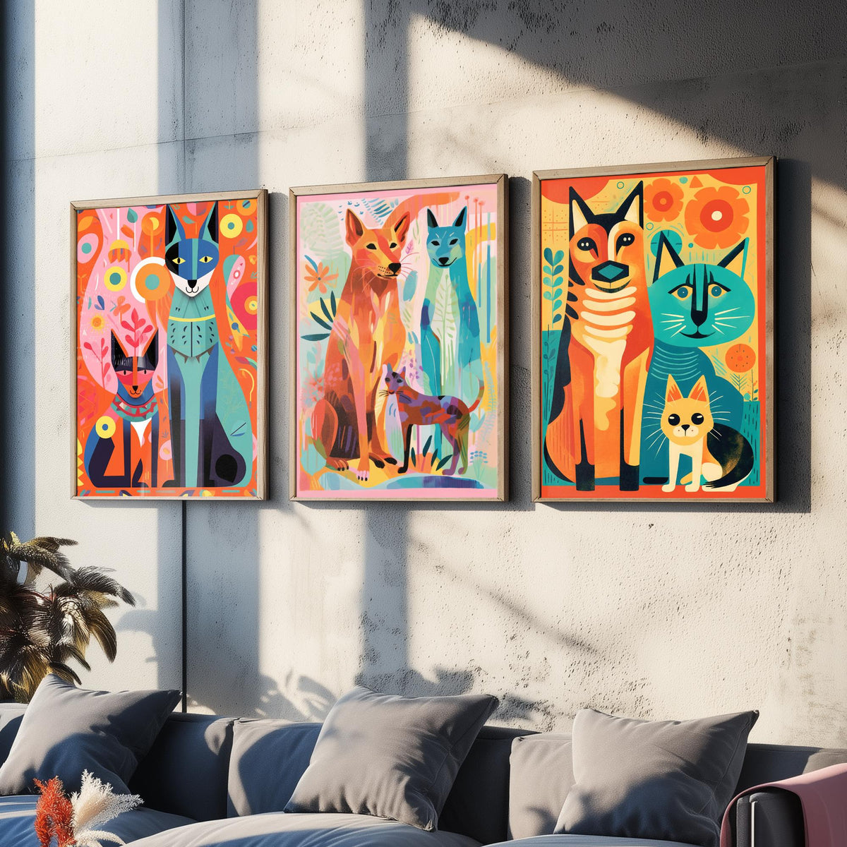 Abstract Dog and Cat Set of Three Art Prints - Folk Art Cats and Dogs - Colourful Pet Poster Illustration