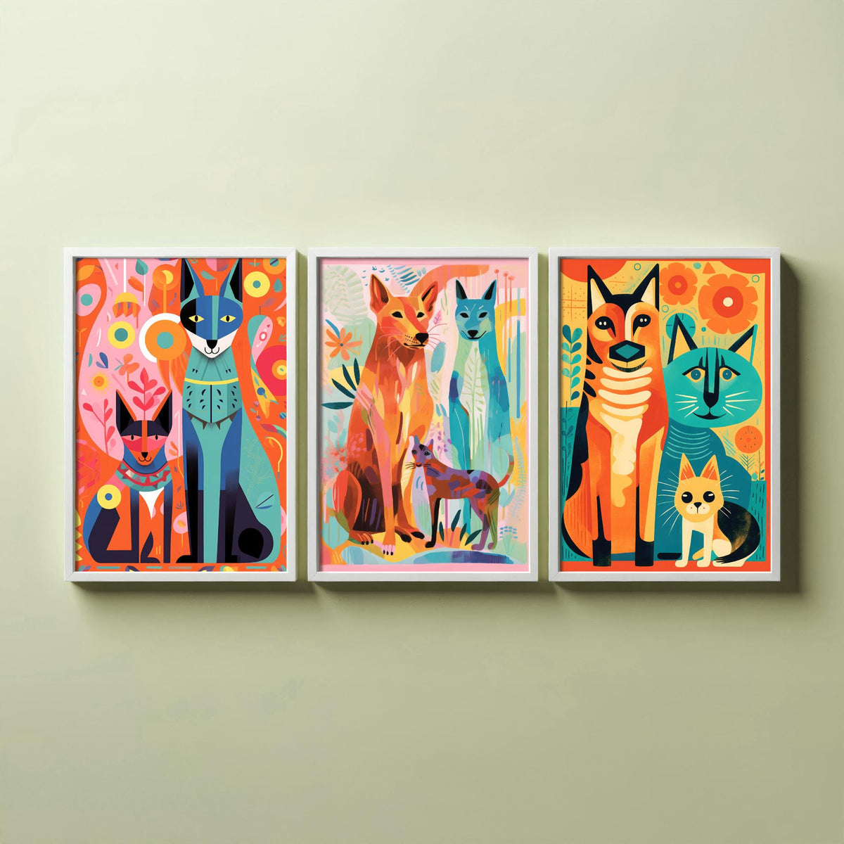 Abstract Dog and Cat Set of Three Art Prints - Folk Art Cats and Dogs - Colourful Pet Poster Illustration