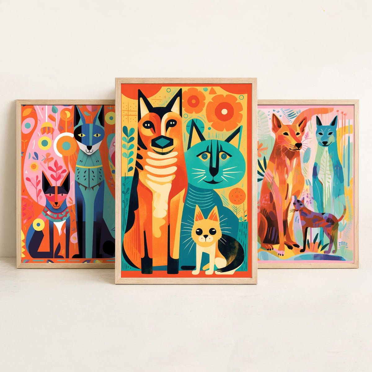 Abstract Dog and Cat Set of Three Art Prints - Folk Art Cats and Dogs - Colourful Pet Poster Illustration