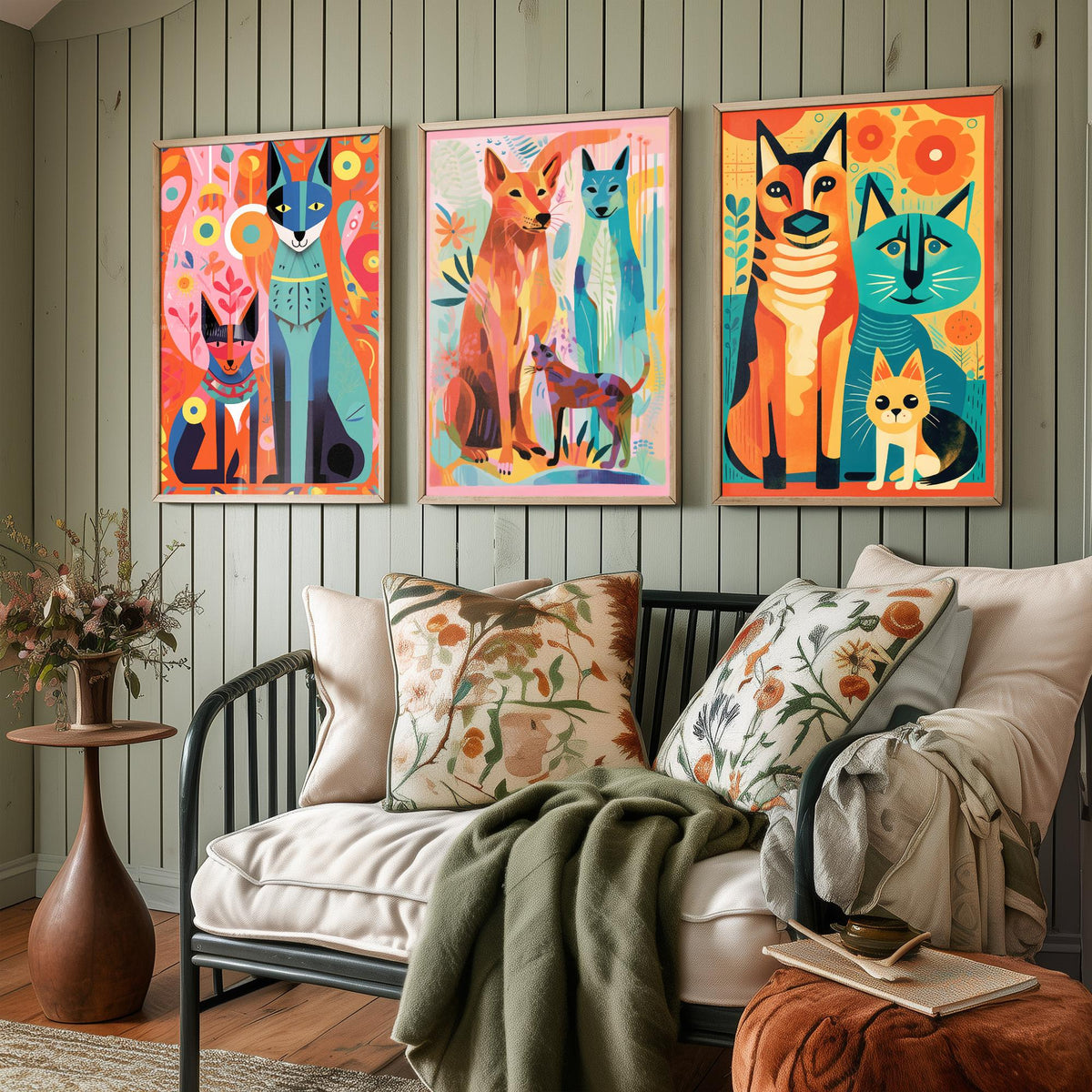 Abstract Dog and Cat Set of Three Art Prints - Folk Art Cats and Dogs - Colourful Pet Poster Illustration