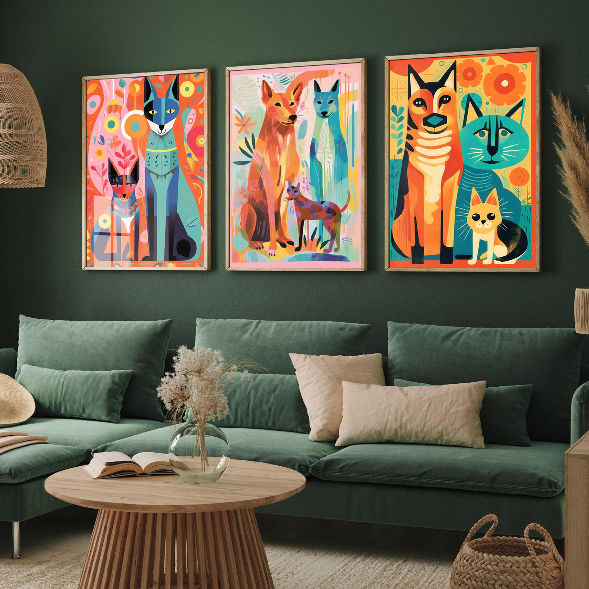 Abstract Dog and Cat Set of Three Art Prints - Folk Art Cats and Dogs - Colourful Pet Poster Illustration