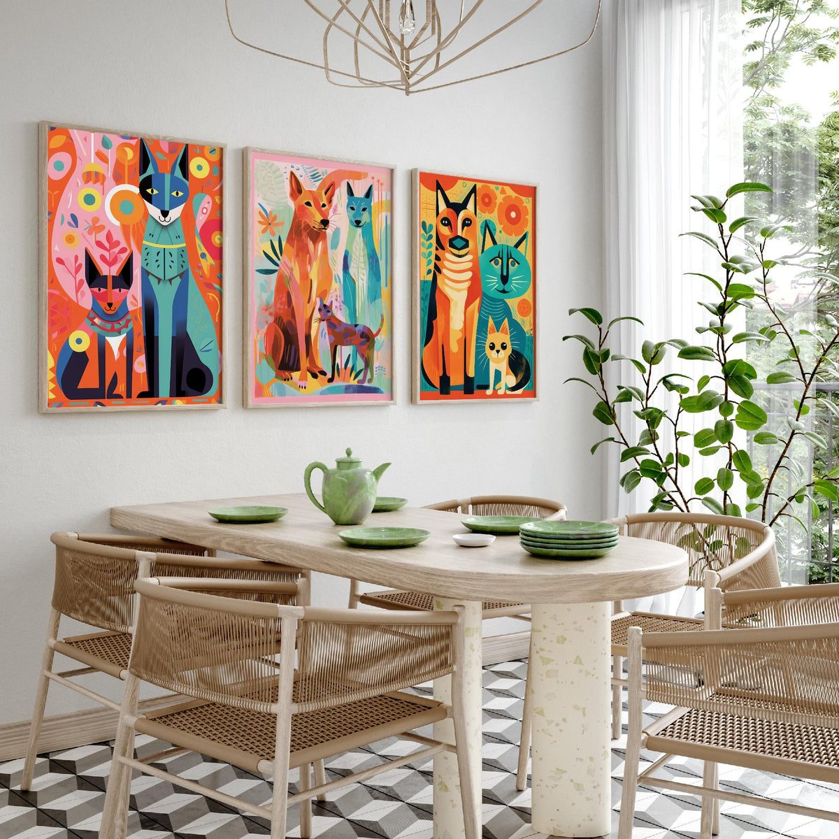 Abstract Dog and Cat Set of Three Art Prints - Folk Art Cats and Dogs - Colourful Pet Poster Illustration