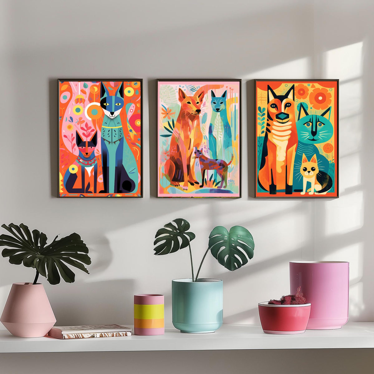 Abstract Dog and Cat Set of Three Art Prints - Folk Art Cats and Dogs - Colourful Pet Poster Illustration