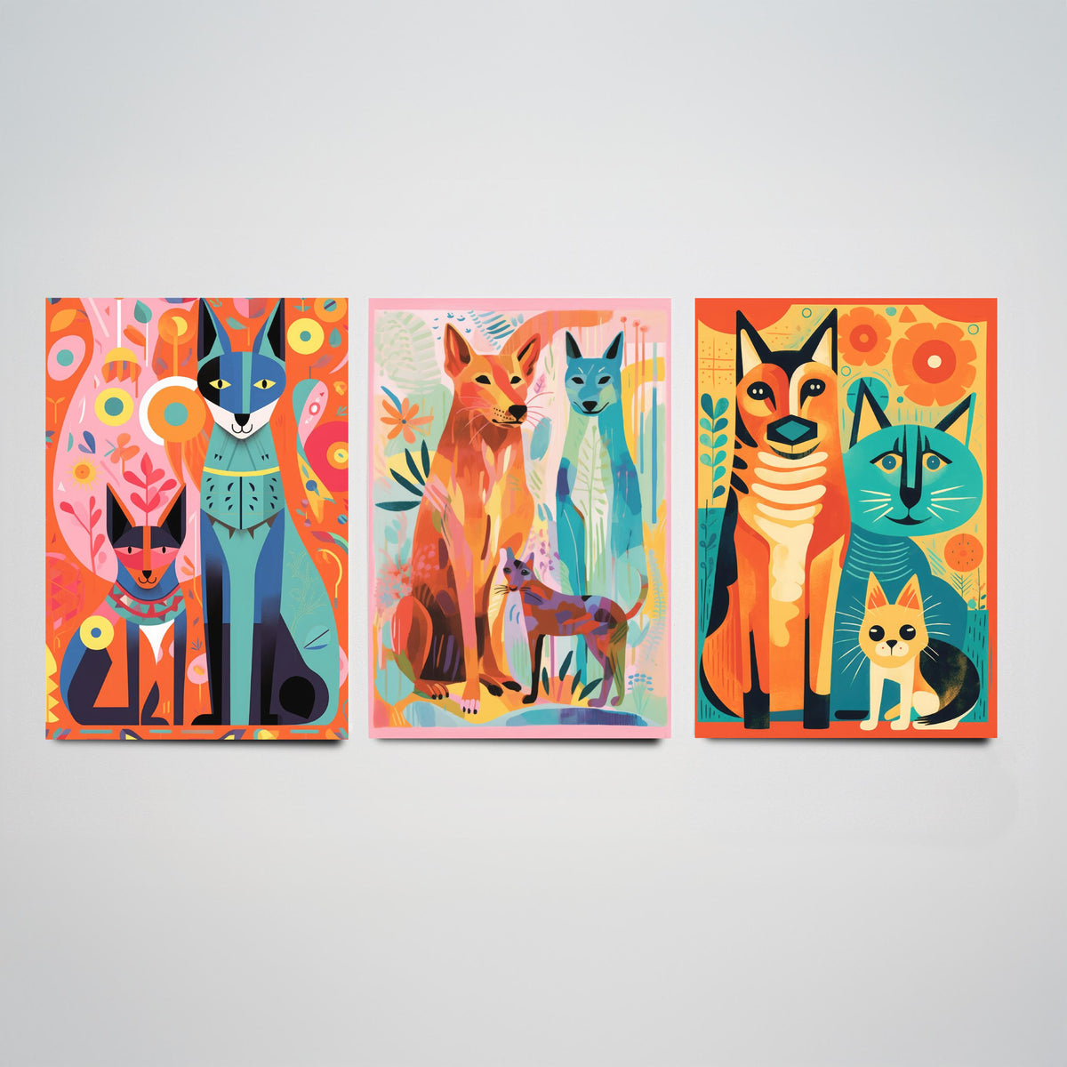 Abstract Dog and Cat Set of Three Art Prints - Folk Art Cats and Dogs - Colourful Pet Poster Illustration