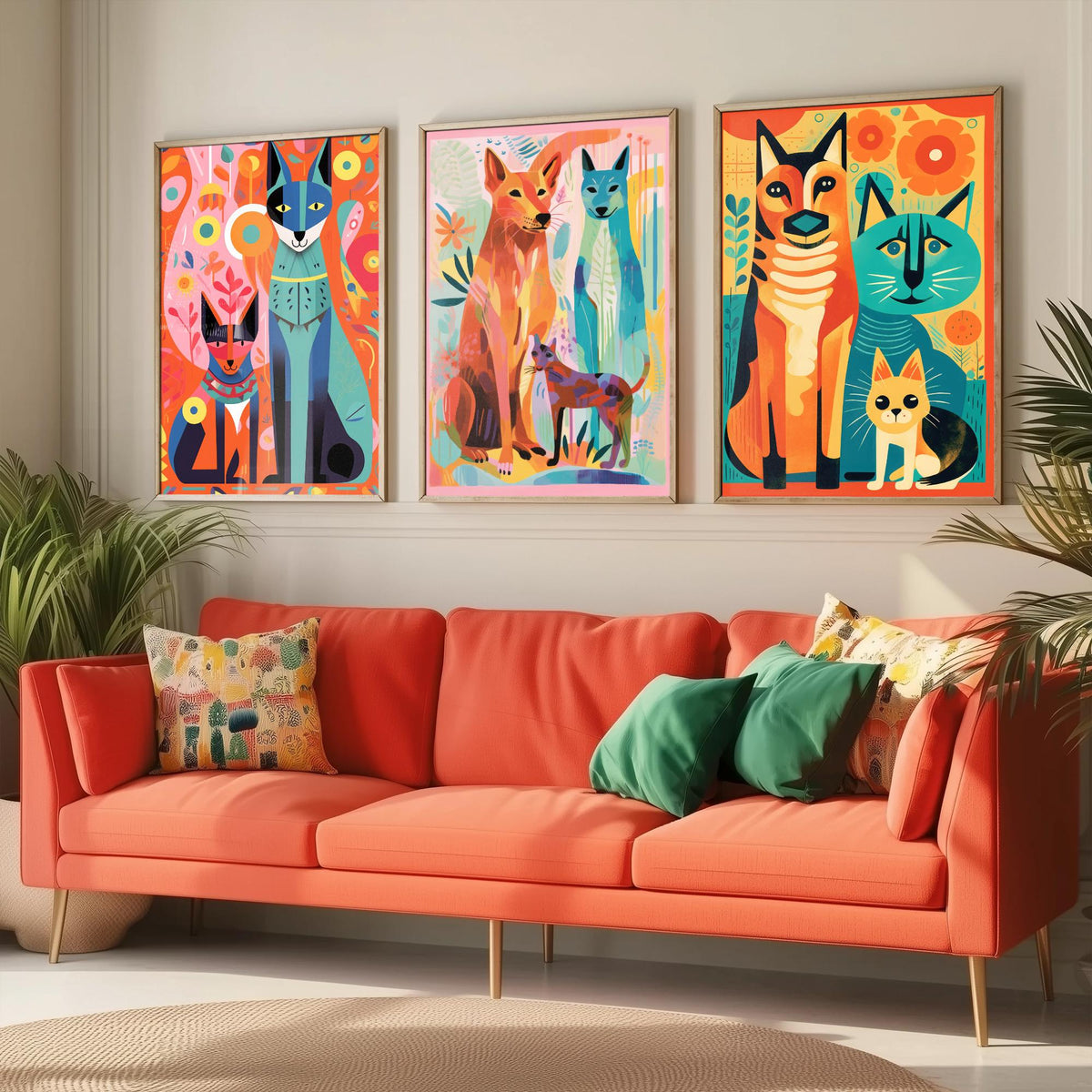 Abstract Dog and Cat Set of Three Art Prints - Folk Art Cats and Dogs - Colourful Pet Poster Illustration
