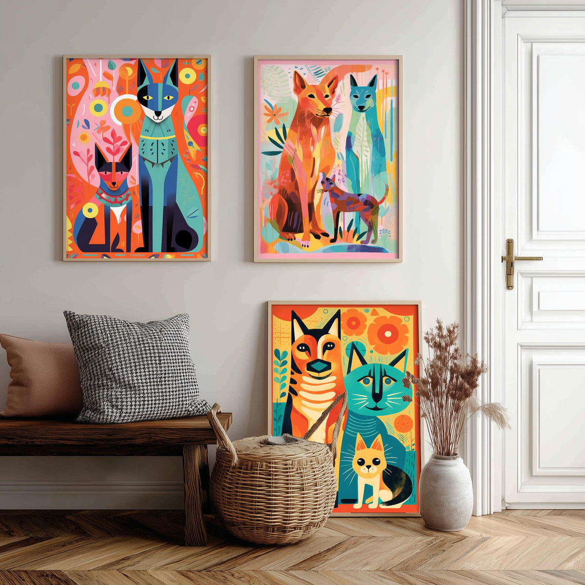 Abstract Dog and Cat Set of Three Art Prints - Folk Art Cats and Dogs - Colourful Pet Poster Illustration