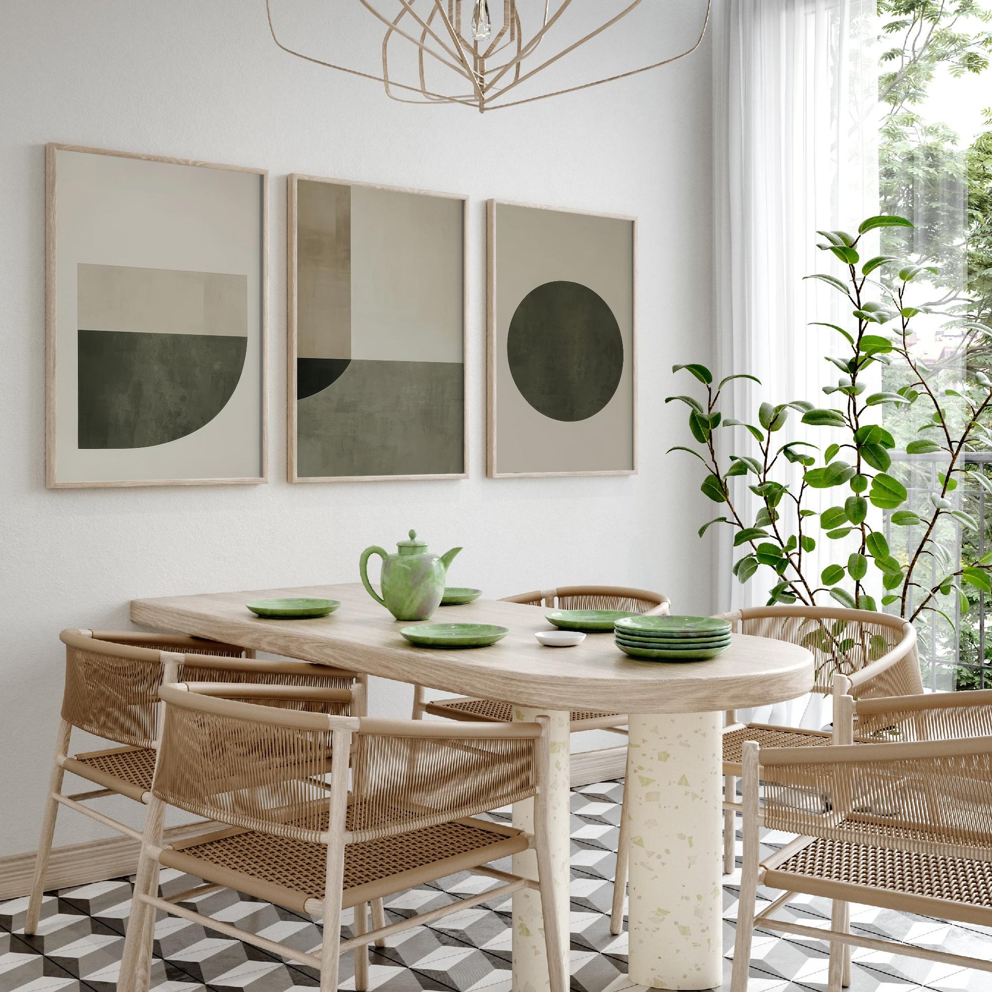 Abstract Geometry in Olive Set of Three Art Prints - 3 Mid Century Geometric Posters - Sage Green Minimalist Illustration Wall Decor