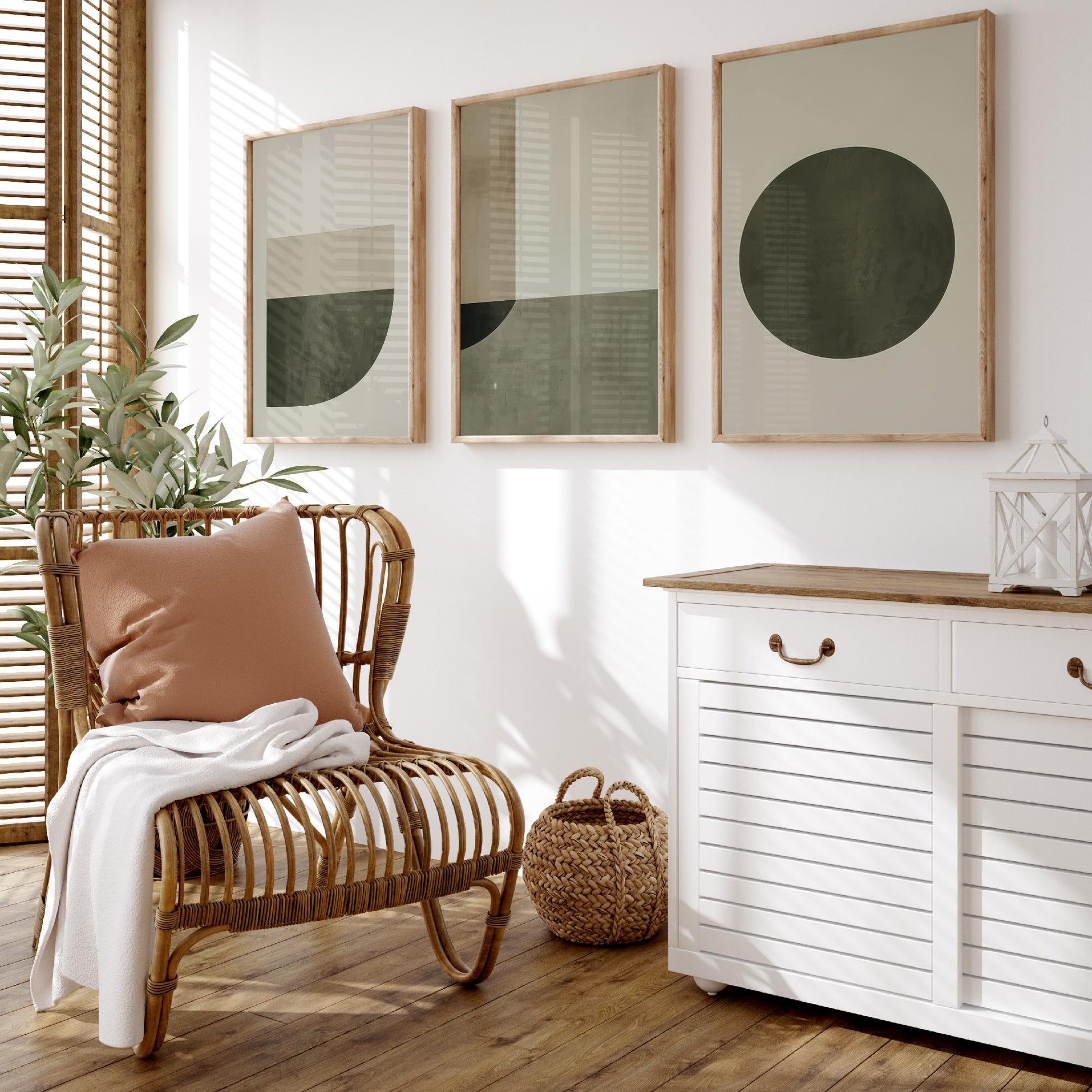 Abstract Geometry in Olive Set of Three Art Prints - 3 Mid Century Geometric Posters - Sage Green Minimalist Illustration Wall Decor