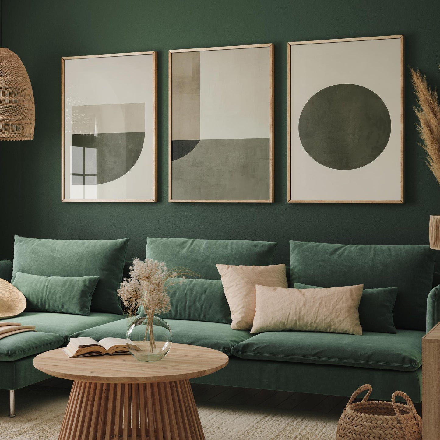 Abstract Geometry in Olive Set of Three Art Prints - 3 Mid Century Geometric Posters - Sage Green Minimalist Illustration Wall Decor