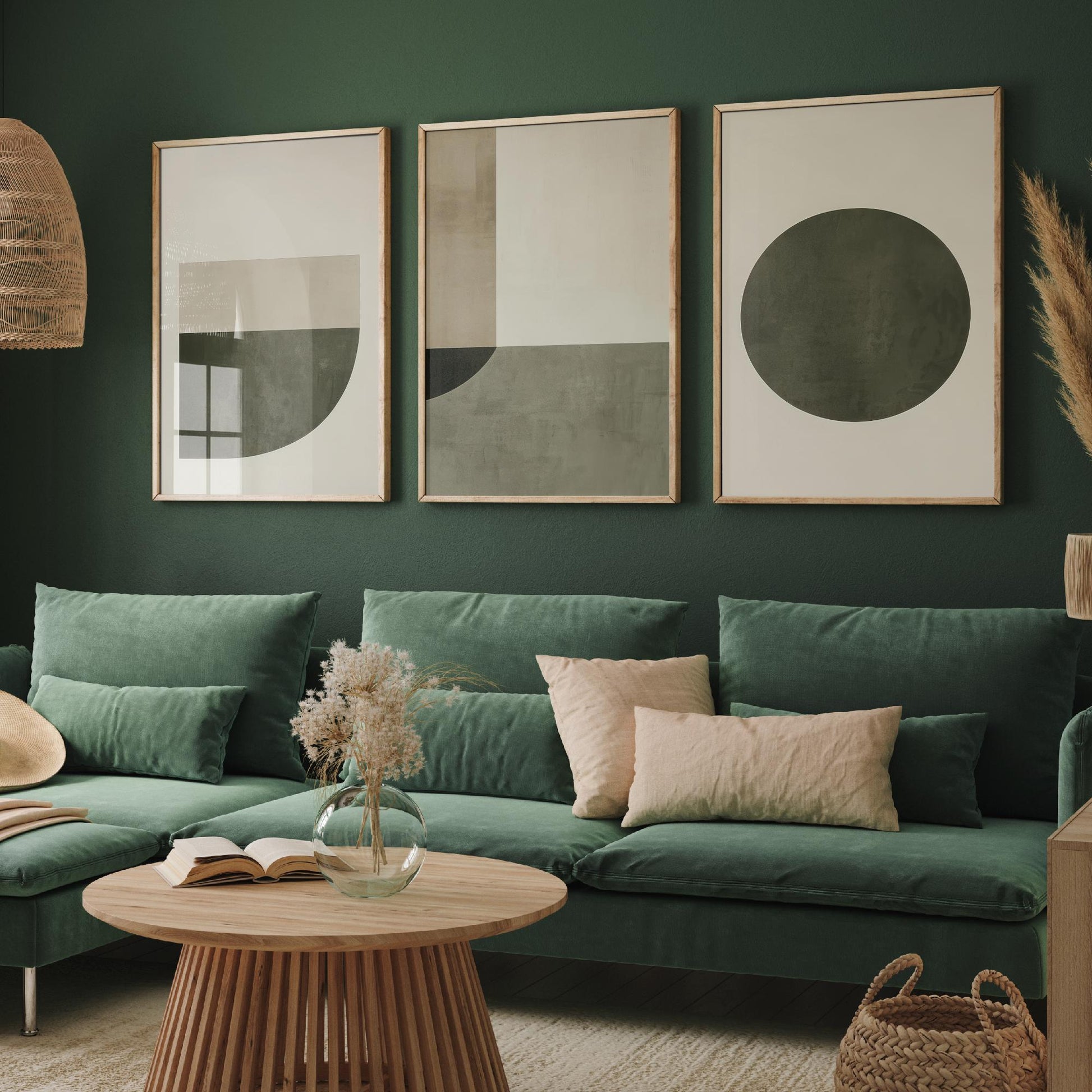 Abstract Geometry in Olive Set of Three Art Prints - 3 Mid Century Geometric Posters - Sage Green Minimalist Illustration Wall Decor