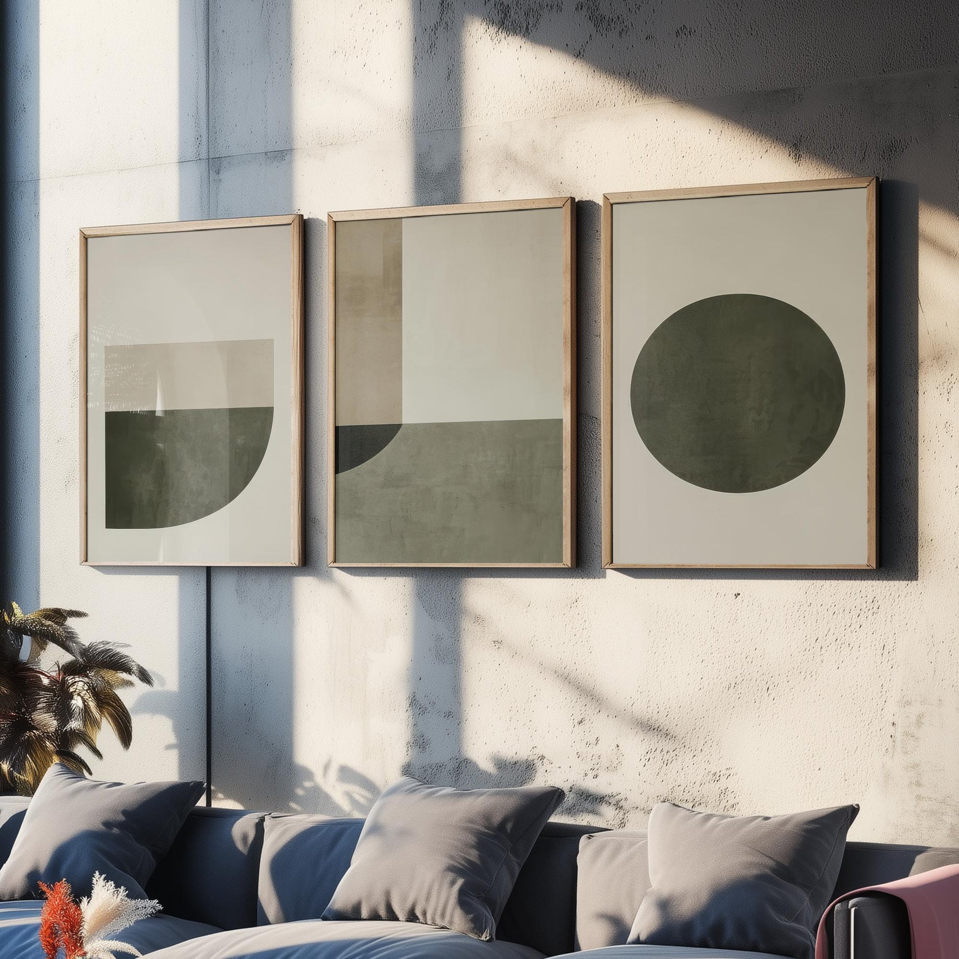 Abstract Geometry in Olive Set of Three Art Prints - 3 Mid Century Geometric Posters - Sage Green Minimalist Illustration Wall Decor