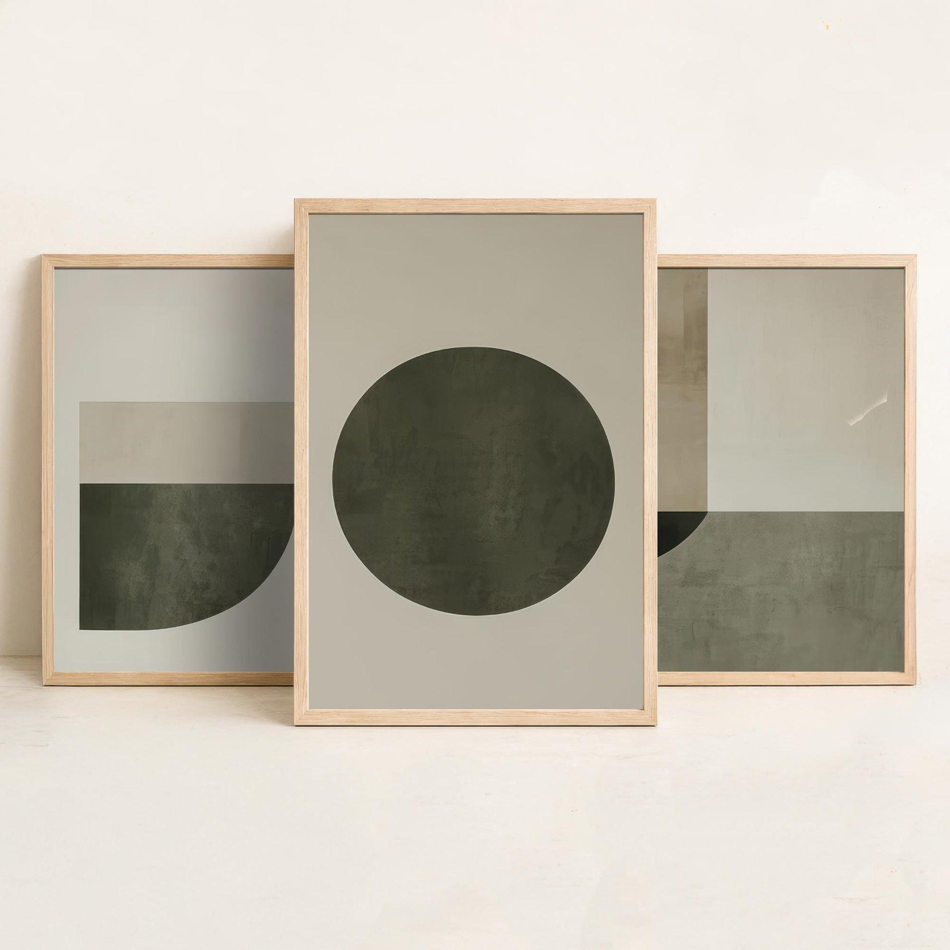 Abstract Geometry in Olive Set of Three Art Prints - 3 Mid Century Geometric Posters - Sage Green Minimalist Illustration Wall Decor