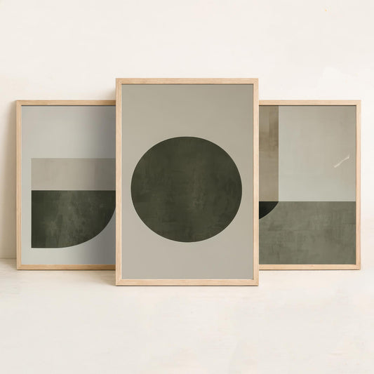 Abstract Geometry in Olive Set of Three Art Prints - 3 Mid Century Geometric Posters - Sage Green Minimalist Illustration Wall Decor