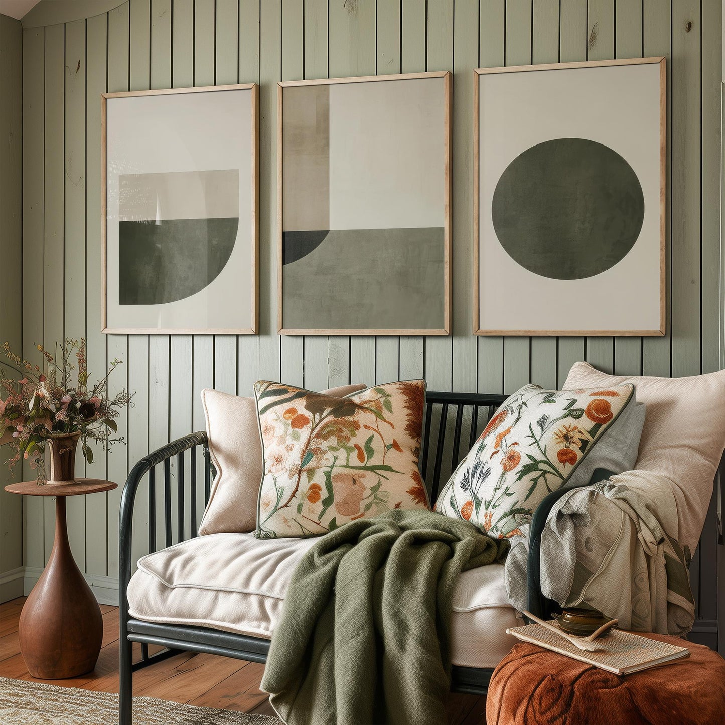 Abstract Geometry in Olive Set of Three Art Prints - 3 Mid Century Geometric Posters - Sage Green Minimalist Illustration Wall Decor