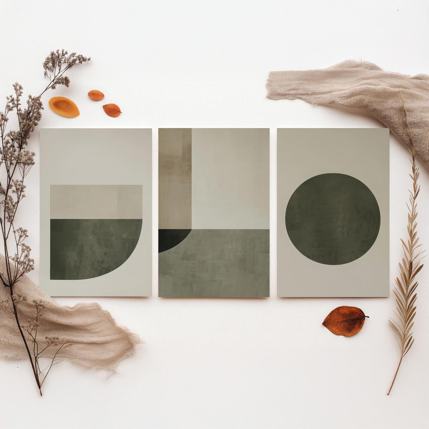 Abstract Geometry in Olive Set of Three Art Prints - 3 Mid Century Geometric Posters - Sage Green Minimalist Illustration Wall Decor