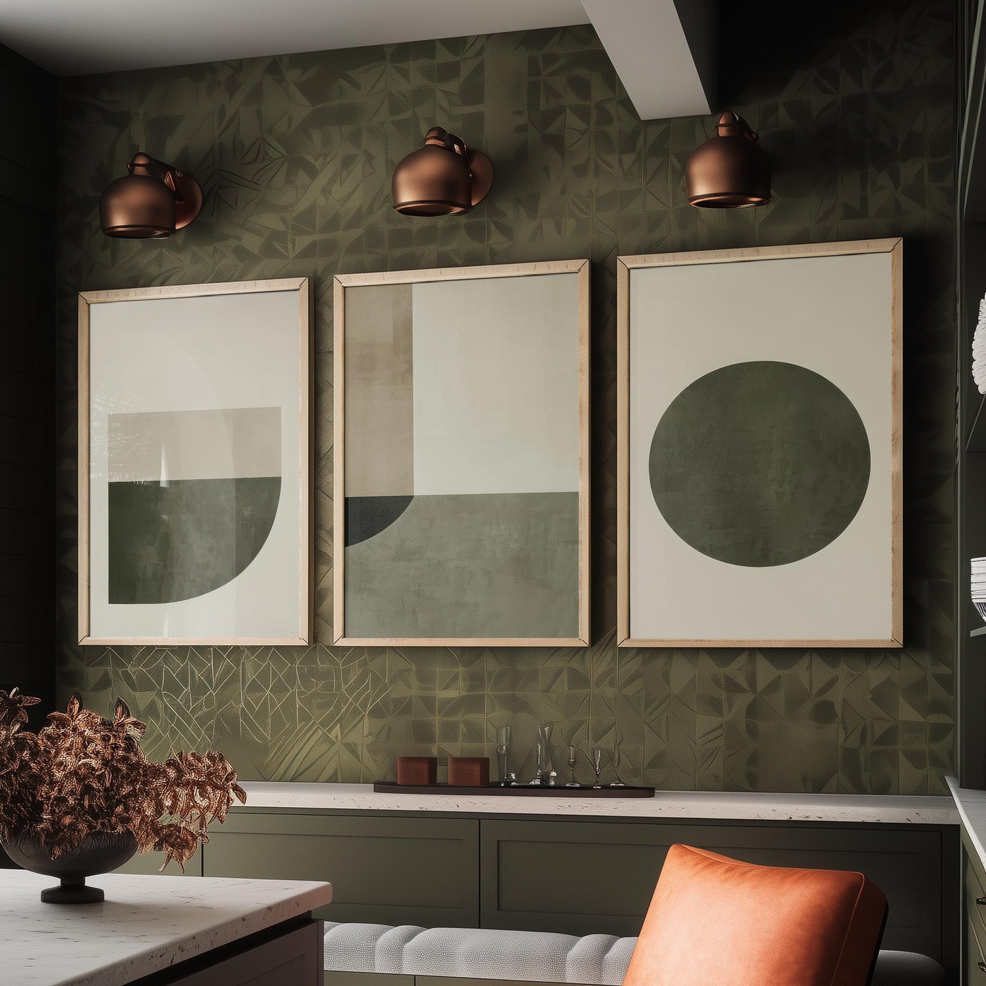 Abstract Geometry in Olive Set of Three Art Prints - 3 Mid Century Geometric Posters - Sage Green Minimalist Illustration Wall Decor