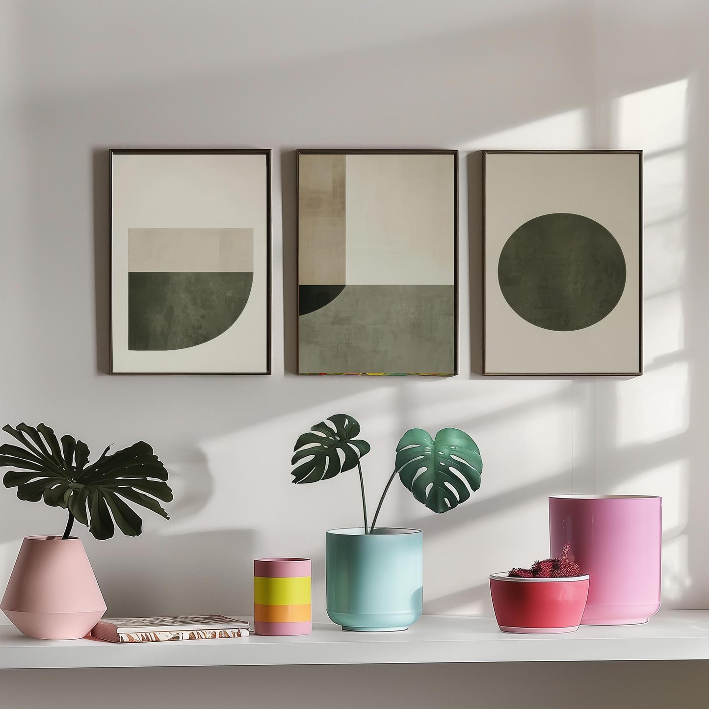Abstract Geometry in Olive Set of Three Art Prints - 3 Mid Century Geometric Posters - Sage Green Minimalist Illustration Wall Decor
