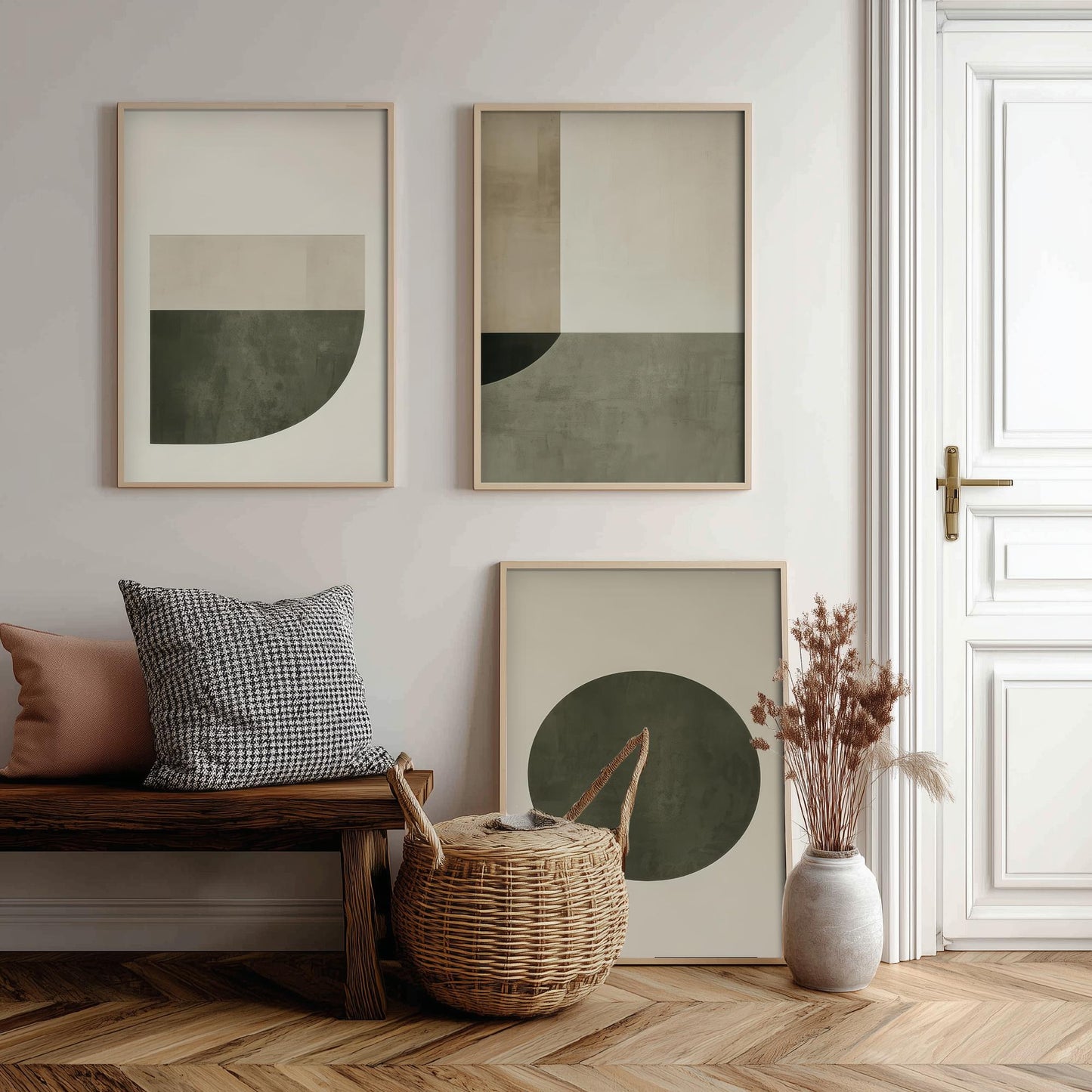 Abstract Geometry in Olive Set of Three Art Prints - 3 Mid Century Geometric Posters - Sage Green Minimalist Illustration Wall Decor