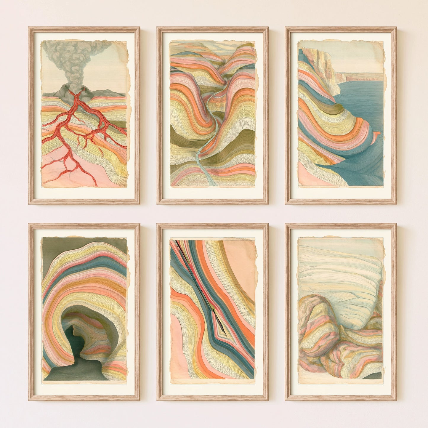 Set of Six Pastel Strata Art Prints - 6 Abstract Volcano Rock Layer Landscape Posters - Lava Earth Geology Canyon Painting